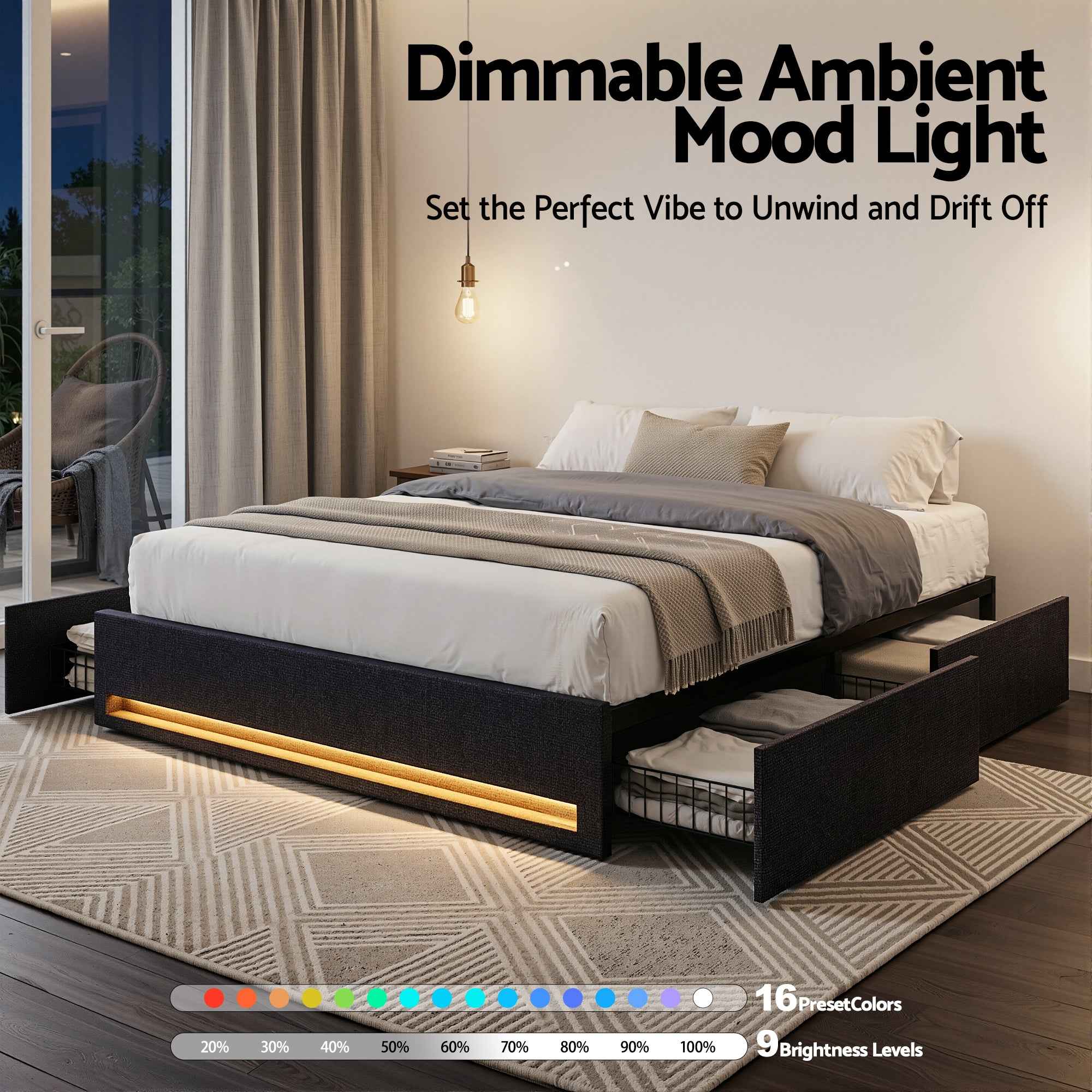 Artiss Queen Bed Frame with Storage Drawers RGB Lights Charging Station Upholstered Fabric