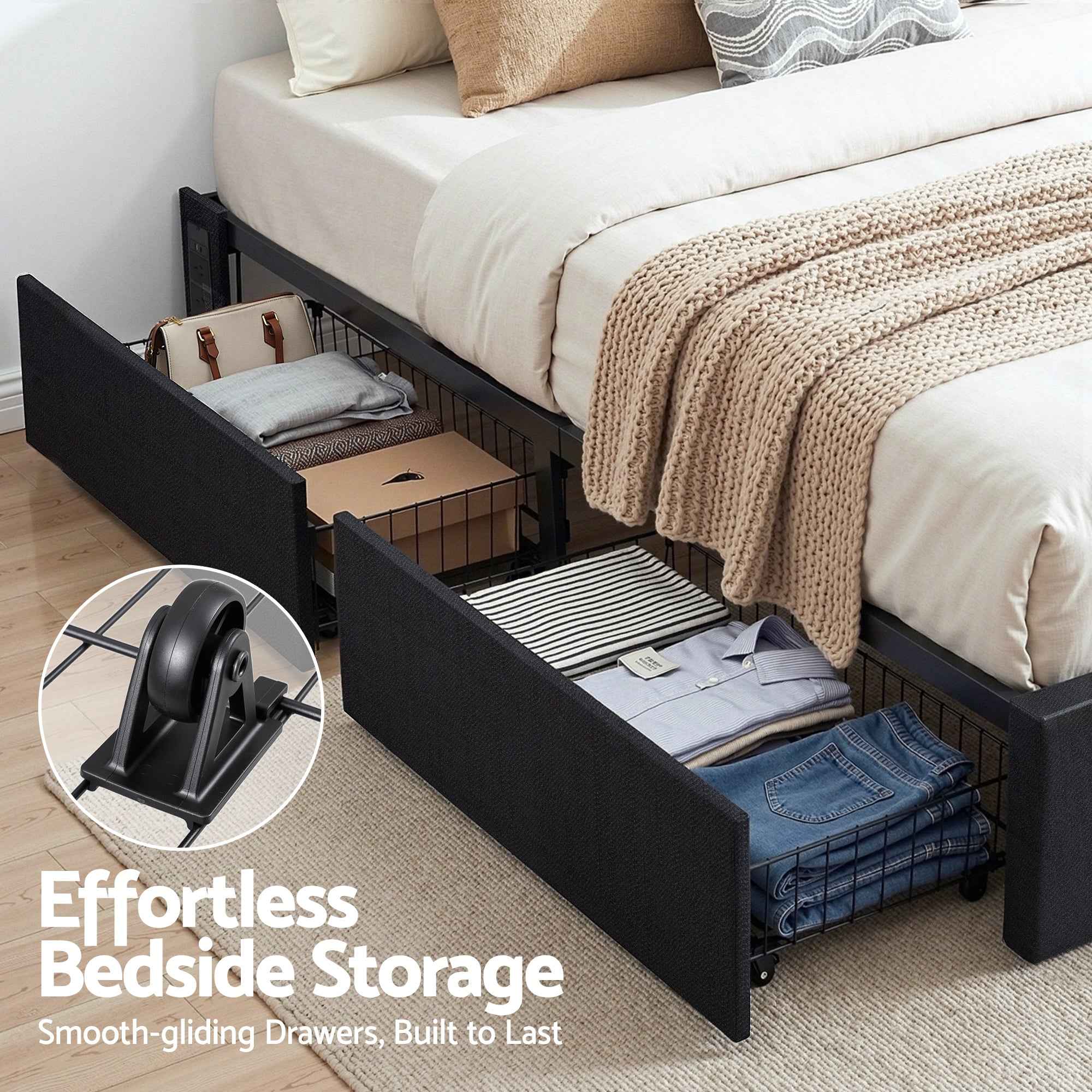 Artiss Queen Bed Frame with Storage Drawers RGB Lights Charging Station Upholstered Fabric