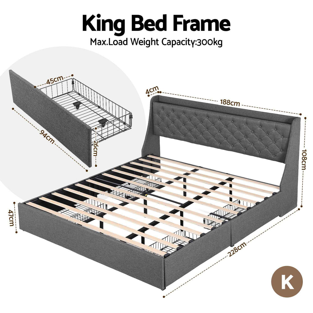 Artiss King Bed Frame with 4 Storage Drawers and Charging Station Tufted Wingback Headboard 300kg Loads Charcoal Grey