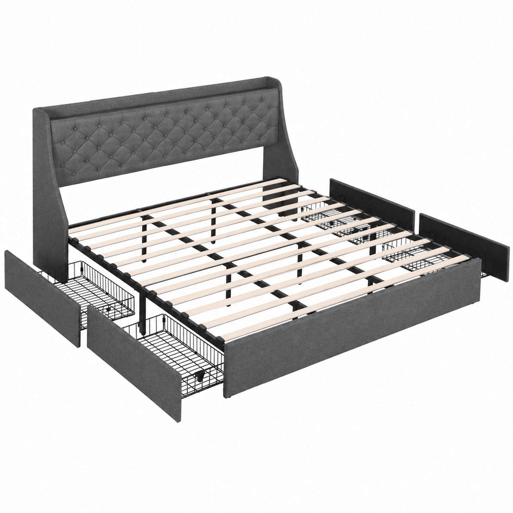 Artiss King Bed Frame with 4 Storage Drawers and Charging Station Tufted Wingback Headboard 300kg Loads Charcoal Grey