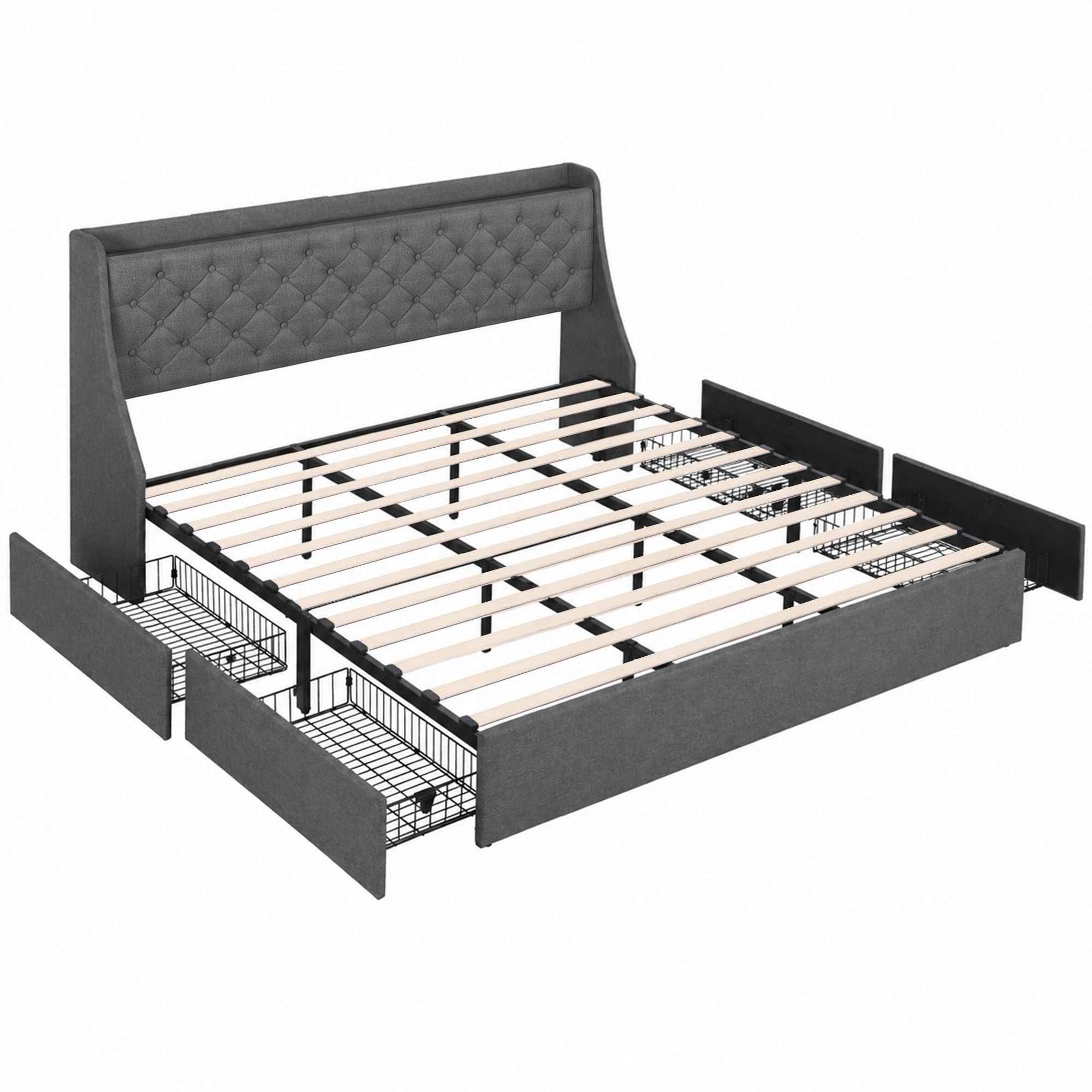 Artiss King Bed Frame with 4 Storage Drawers and Charging Station Tufted Wingback Headboard 300kg Loads Charcoal Grey
