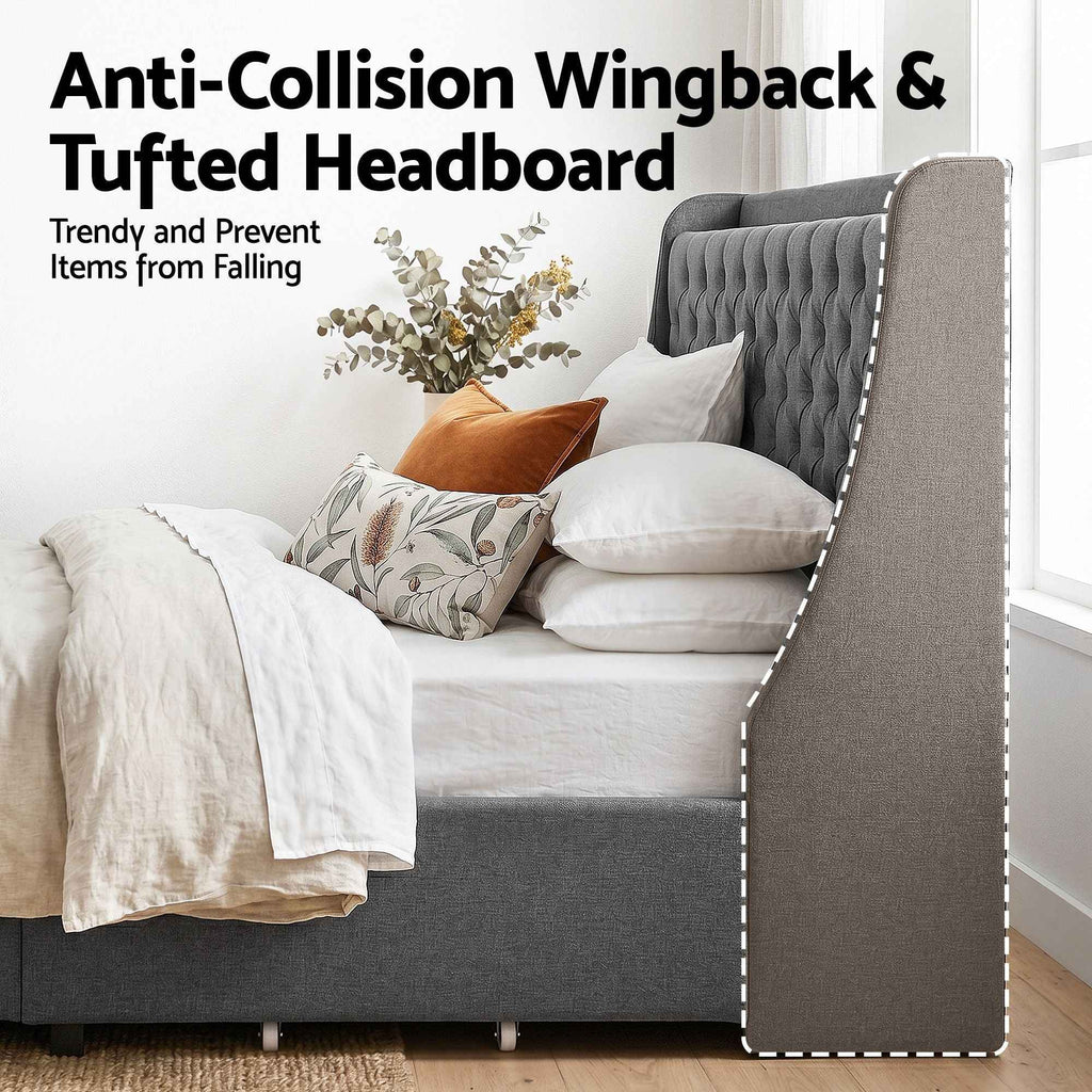 Artiss Queen Bed Frame with 4 Storage Drawers and Charging Station Tufted Wingback Headboard 300kg Loads Charcoal Grey