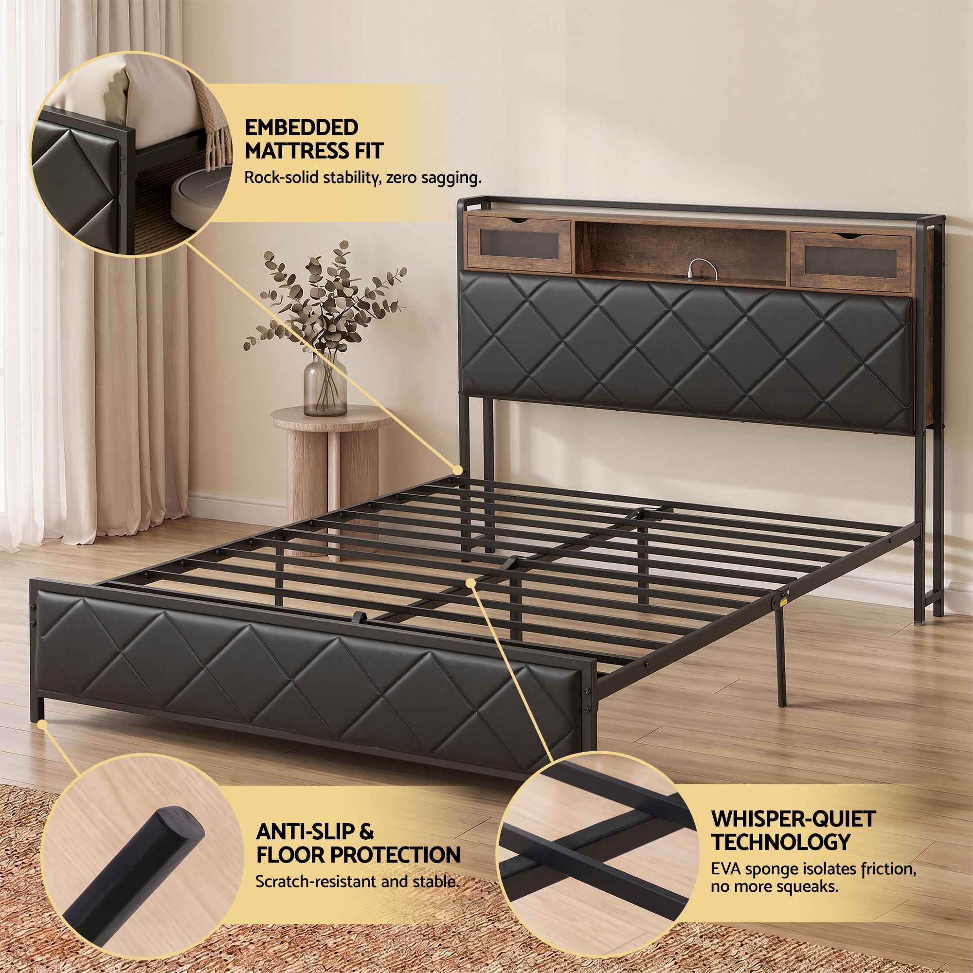 Artiss Queen Bed Frame with LED Lights and Storage Headboard Charging Station