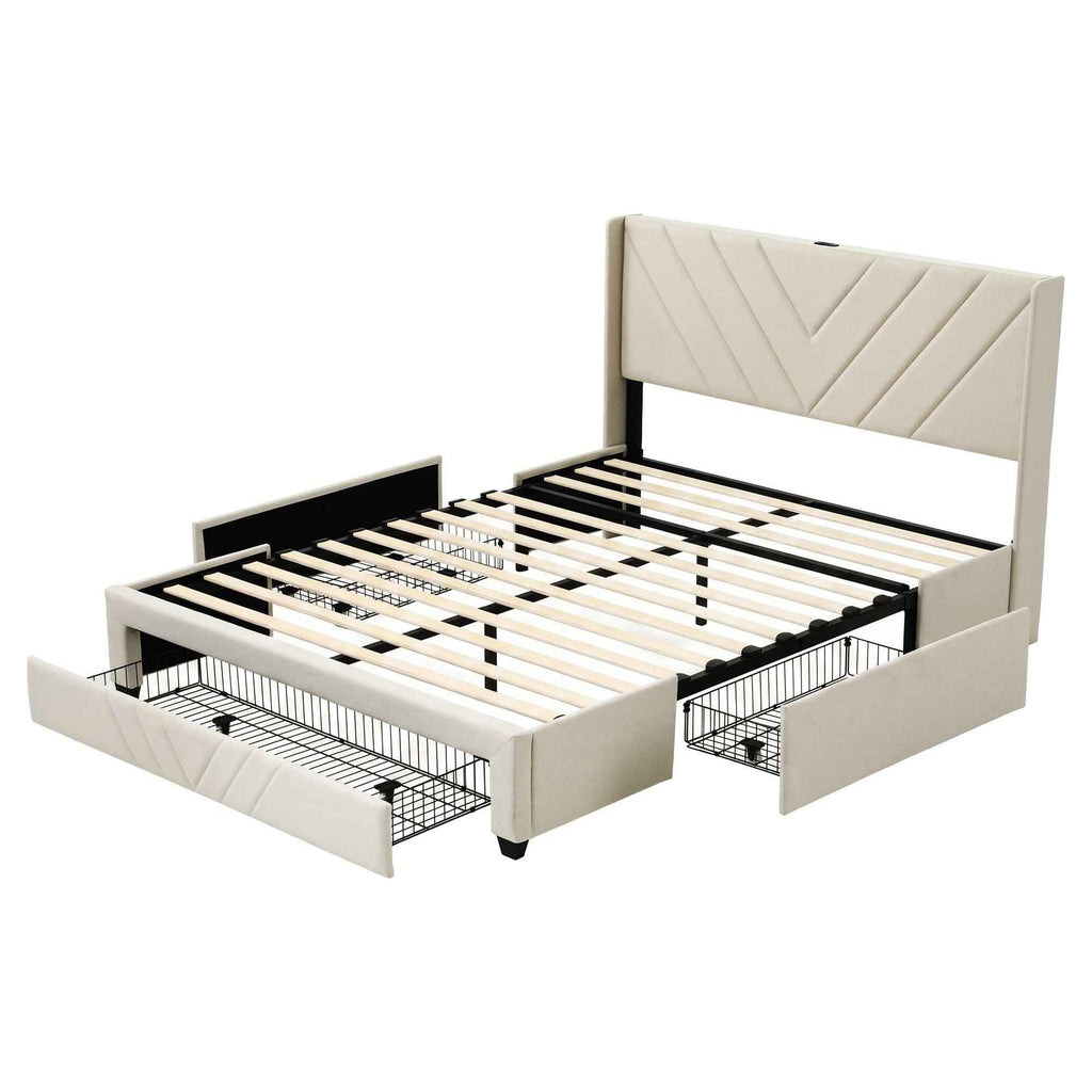 Artiss Double Bed Frame with Charging Station and Storage Drawers Beige 300KG Noise Free