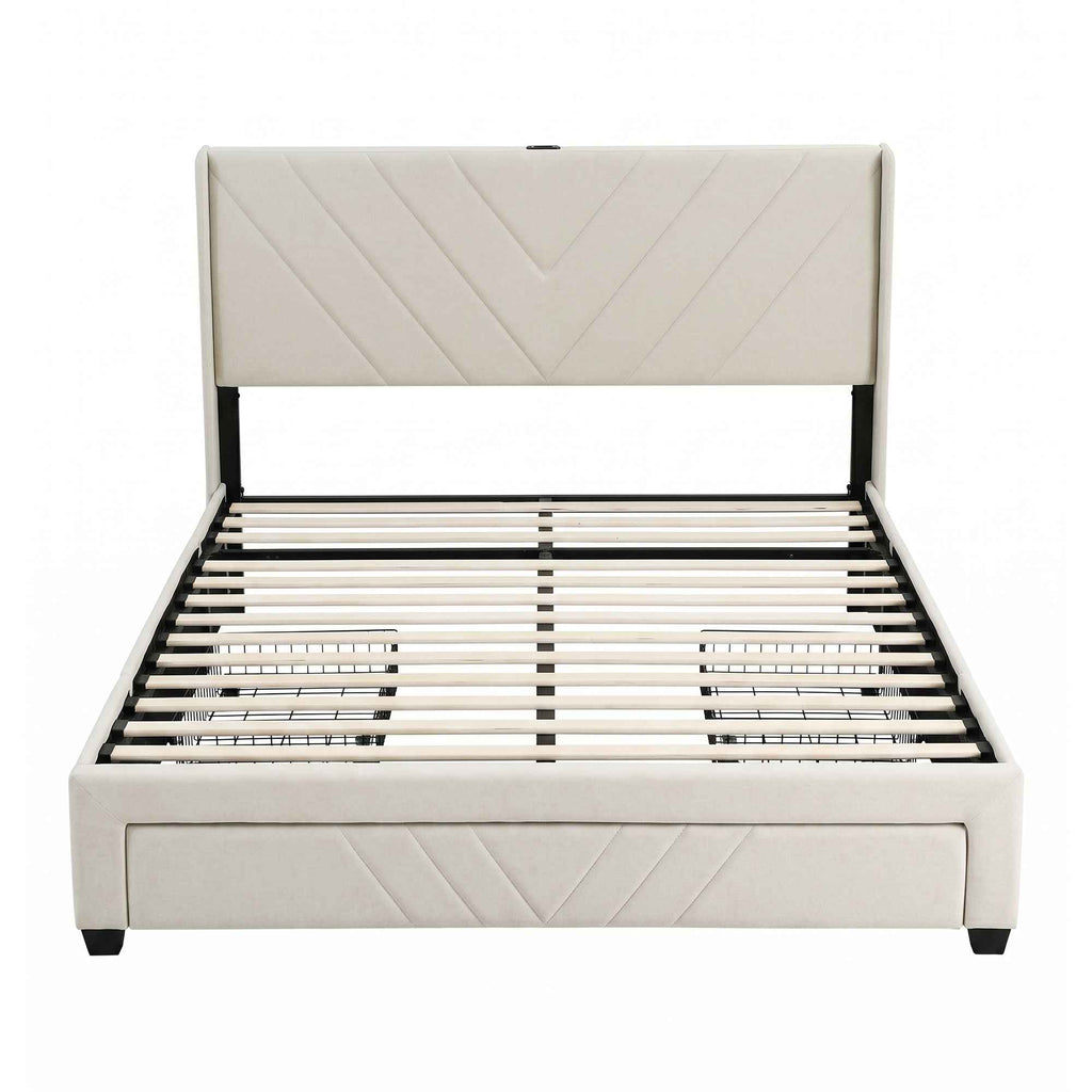 Artiss Double Bed Frame with Charging Station and Storage Drawers Beige 300KG Noise Free
