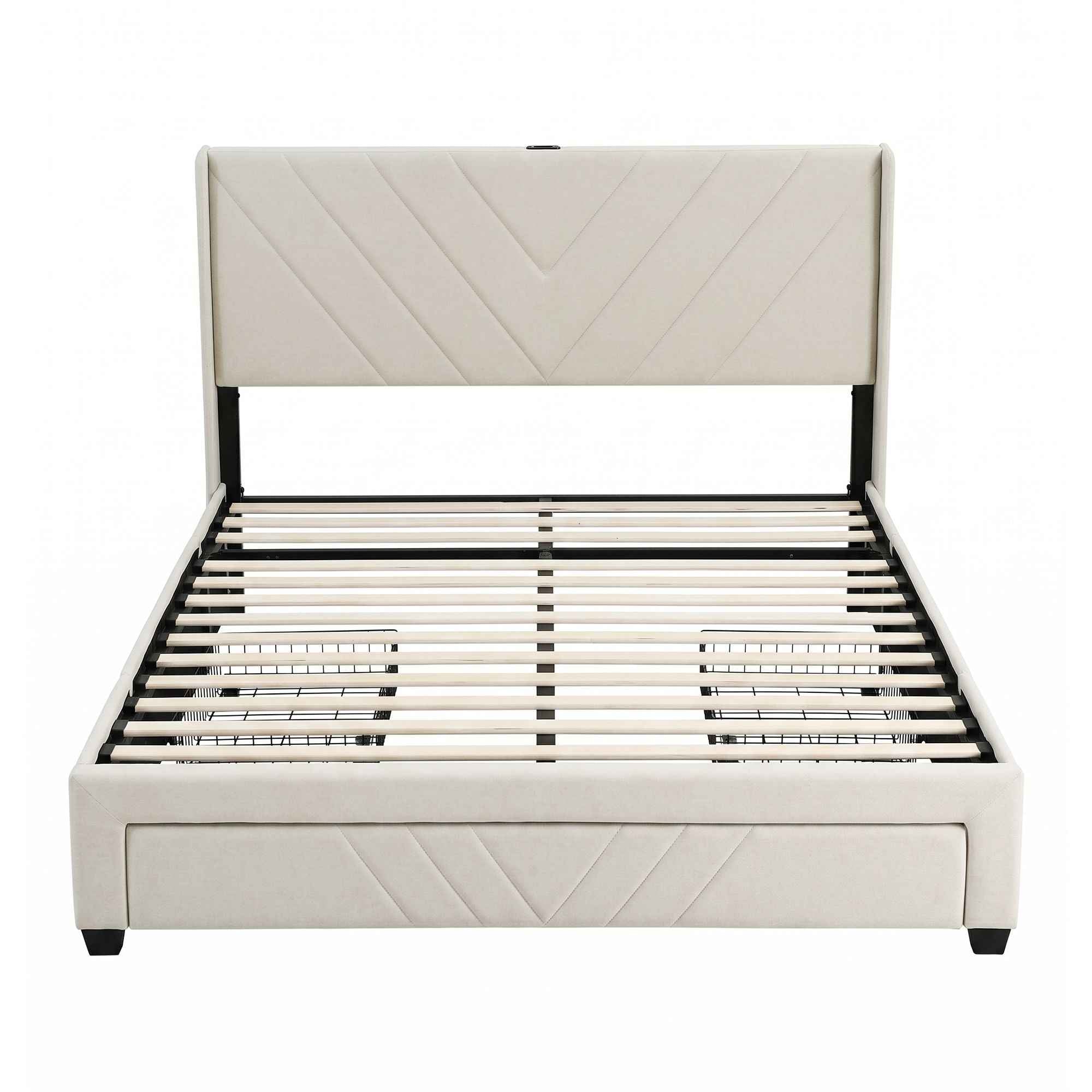 Artiss Double Bed Frame with Charging Station and Storage Drawers Beige 300KG Noise Free