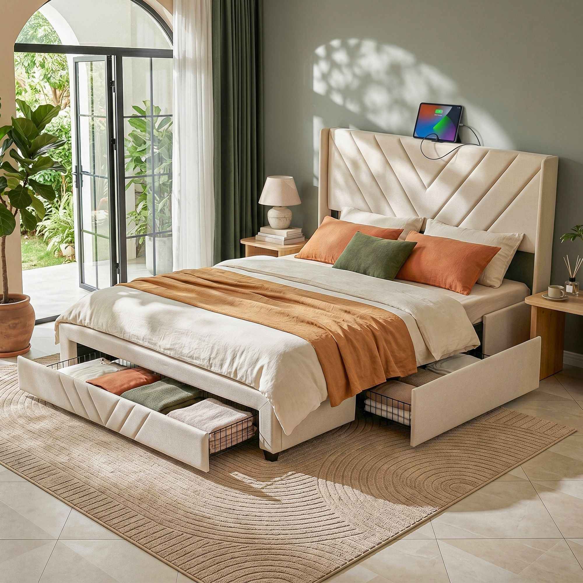 Artiss Queen Bed Frame with Charging Station and Storage Drawers Beige 300KG Noise Free