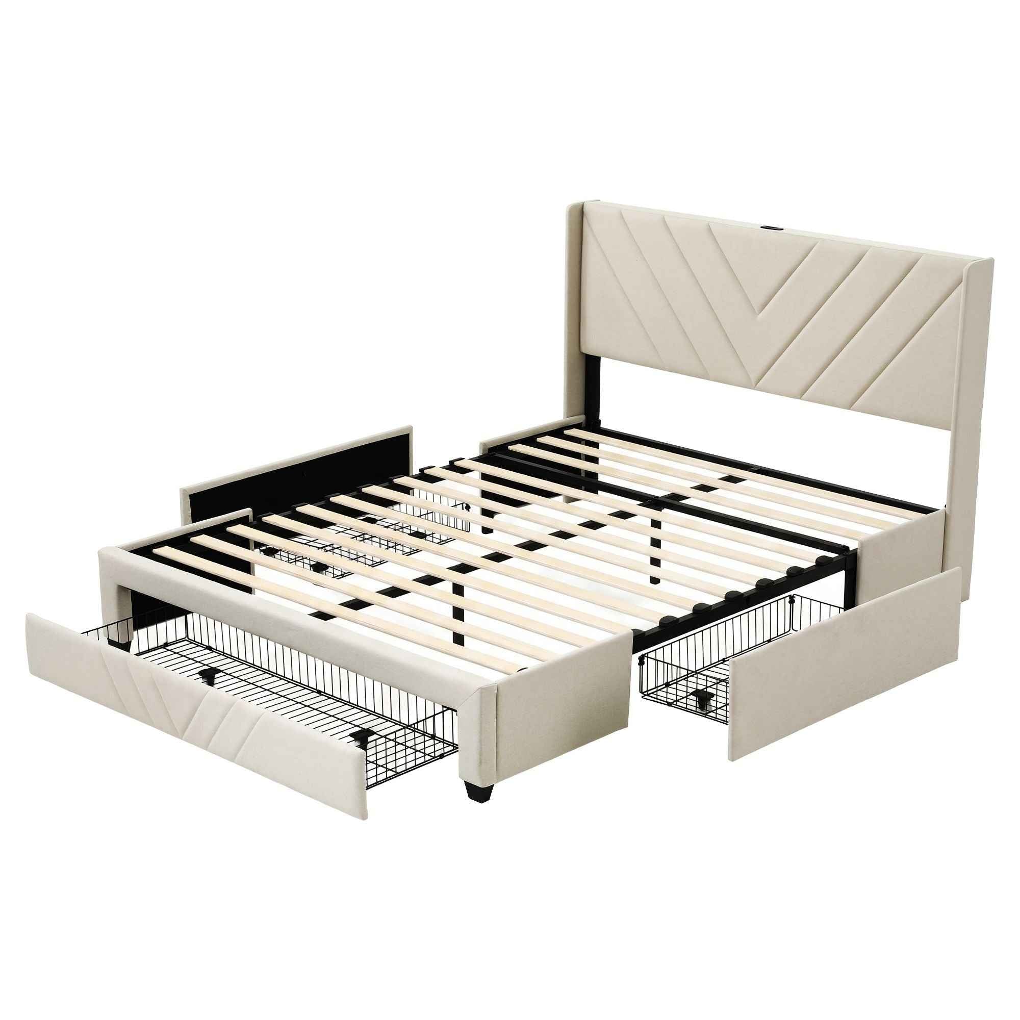 Artiss Queen Bed Frame with Charging Station and Storage Drawers Beige 300KG Noise Free
