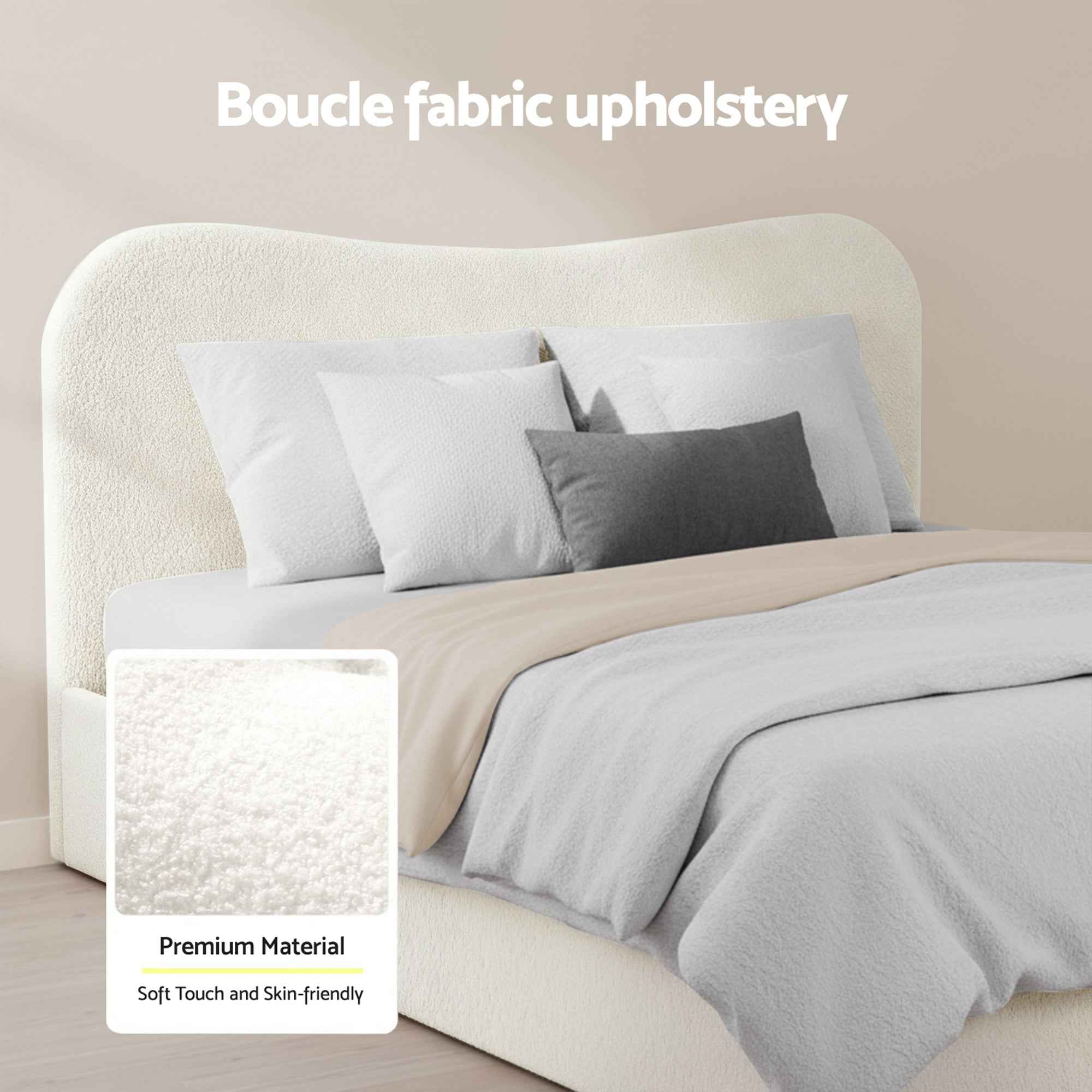 Artiss Double Bed Frame and Bedside Table Set Boucle Beige with Headboard Black Nightstand