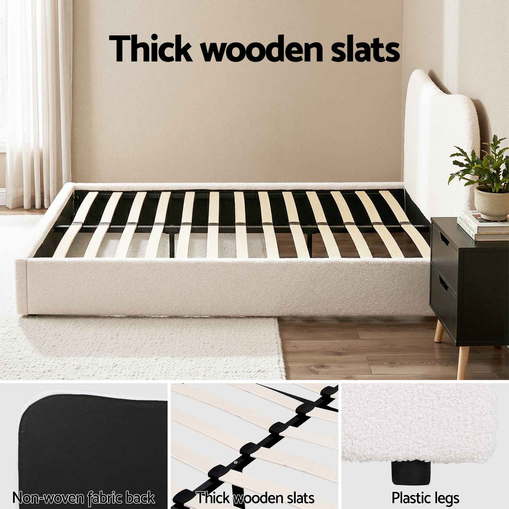 Artiss Double Bed Frame and Bedside Table Set Boucle Beige with Headboard Black Nightstand