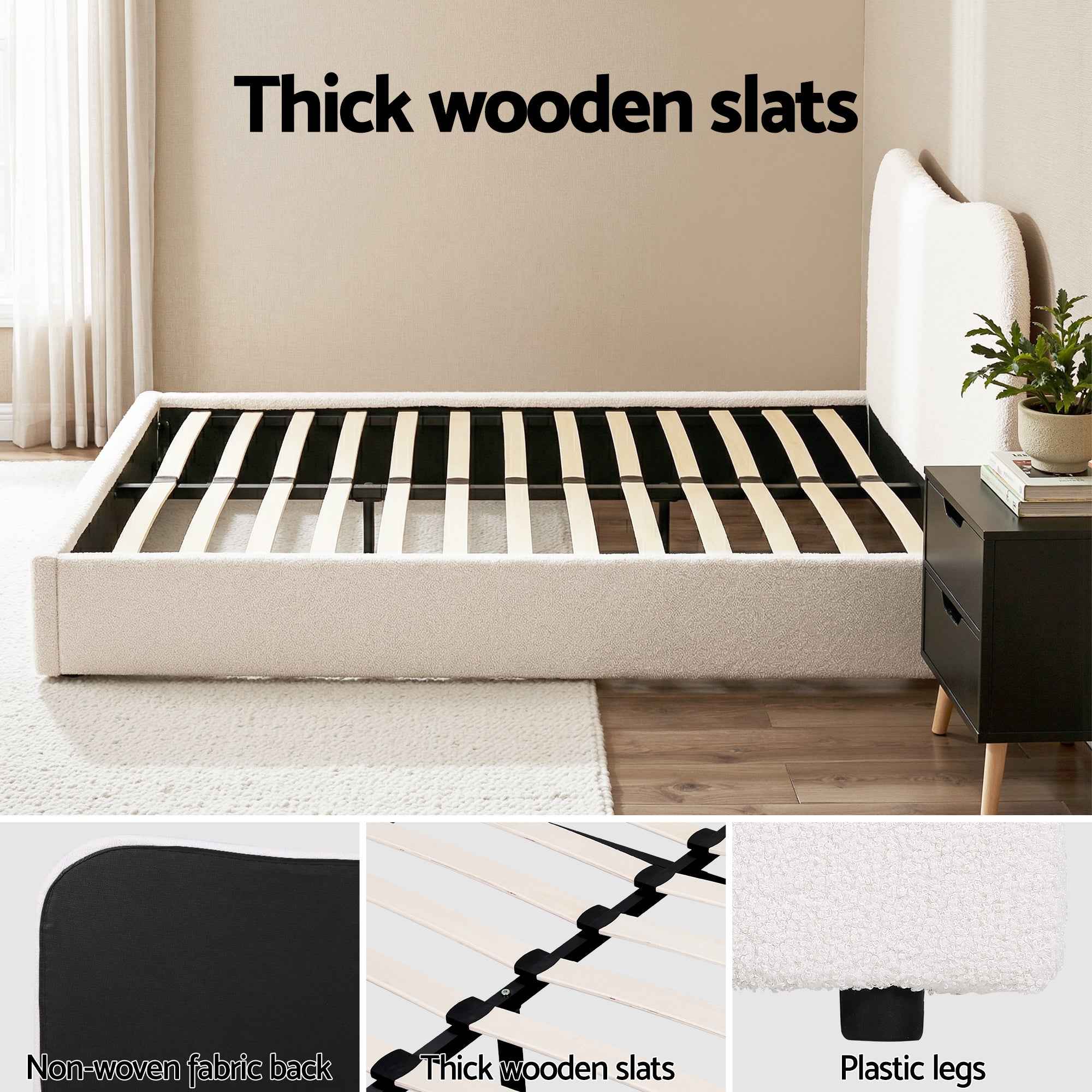 Artiss Double Bed Frame and Bedside Table Set Boucle Beige with Headboard Black Nightstand