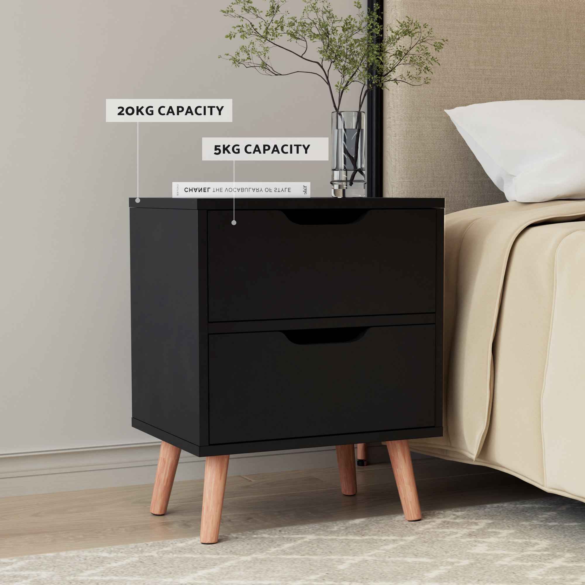 Artiss Double Bed Frame and Bedside Table Set Boucle Beige with Headboard Black Nightstand