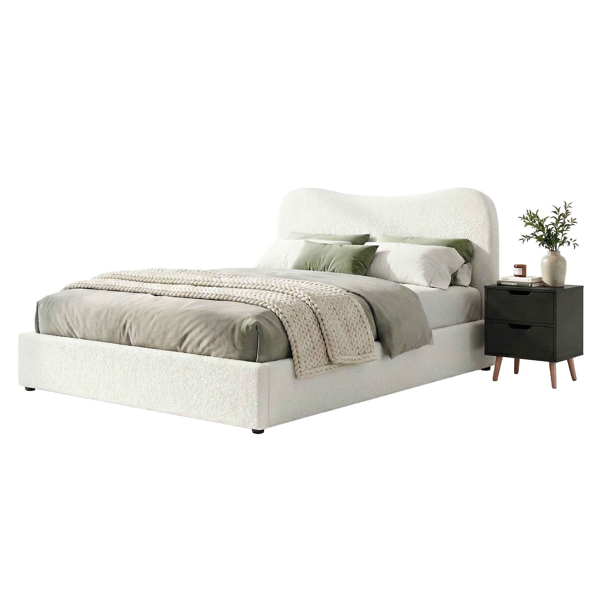 Artiss Double Bed Frame and Bedside Table Set Boucle Beige with Headboard Black Nightstand