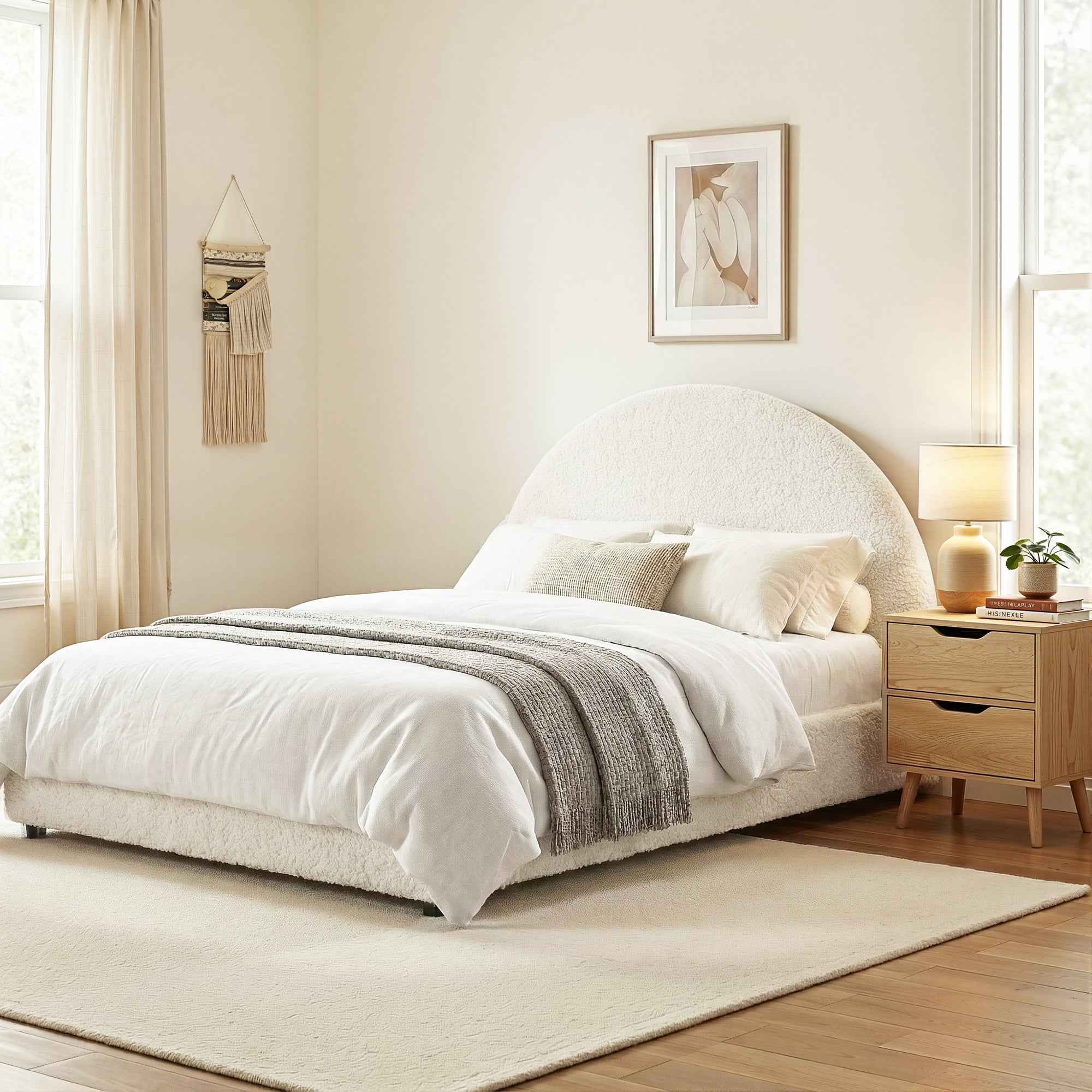 Artiss Gas Lift Queen Bed Frame with Bedside Table Set Boucle Fabric Upholstered Platform Bed Nightstand