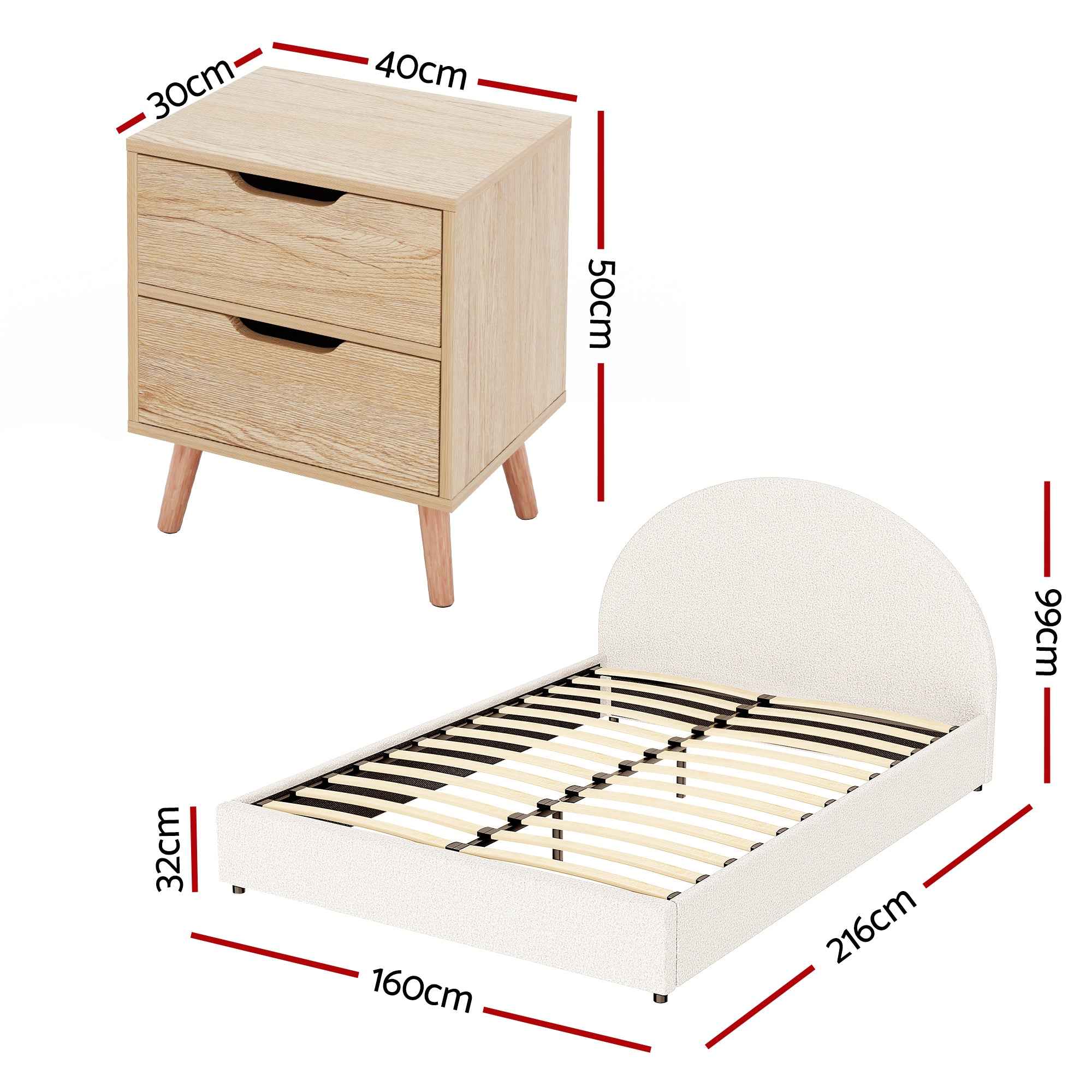 Artiss Gas Lift Queen Bed Frame with Bedside Table Set Boucle Fabric Upholstered Platform Bed Nightstand