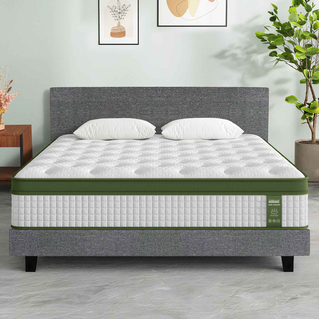 Artiss BedStory King Bed Frame Set With Hybrid Mattress Medium Firm Linen Grey
