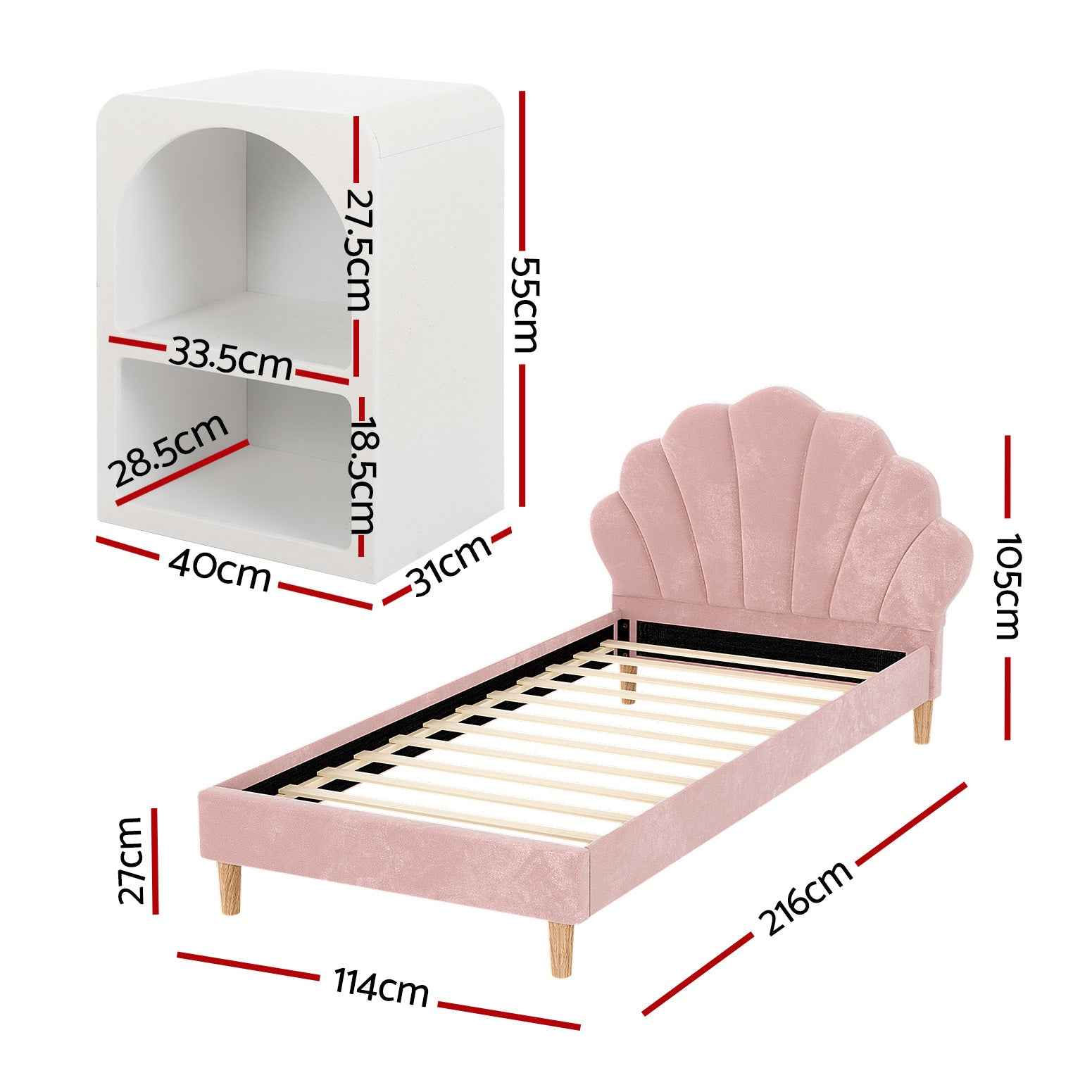 Artiss Bed Frame King Single with Bedside Table Set Scallop Headboard Pink Velvet Fabric Beds Base