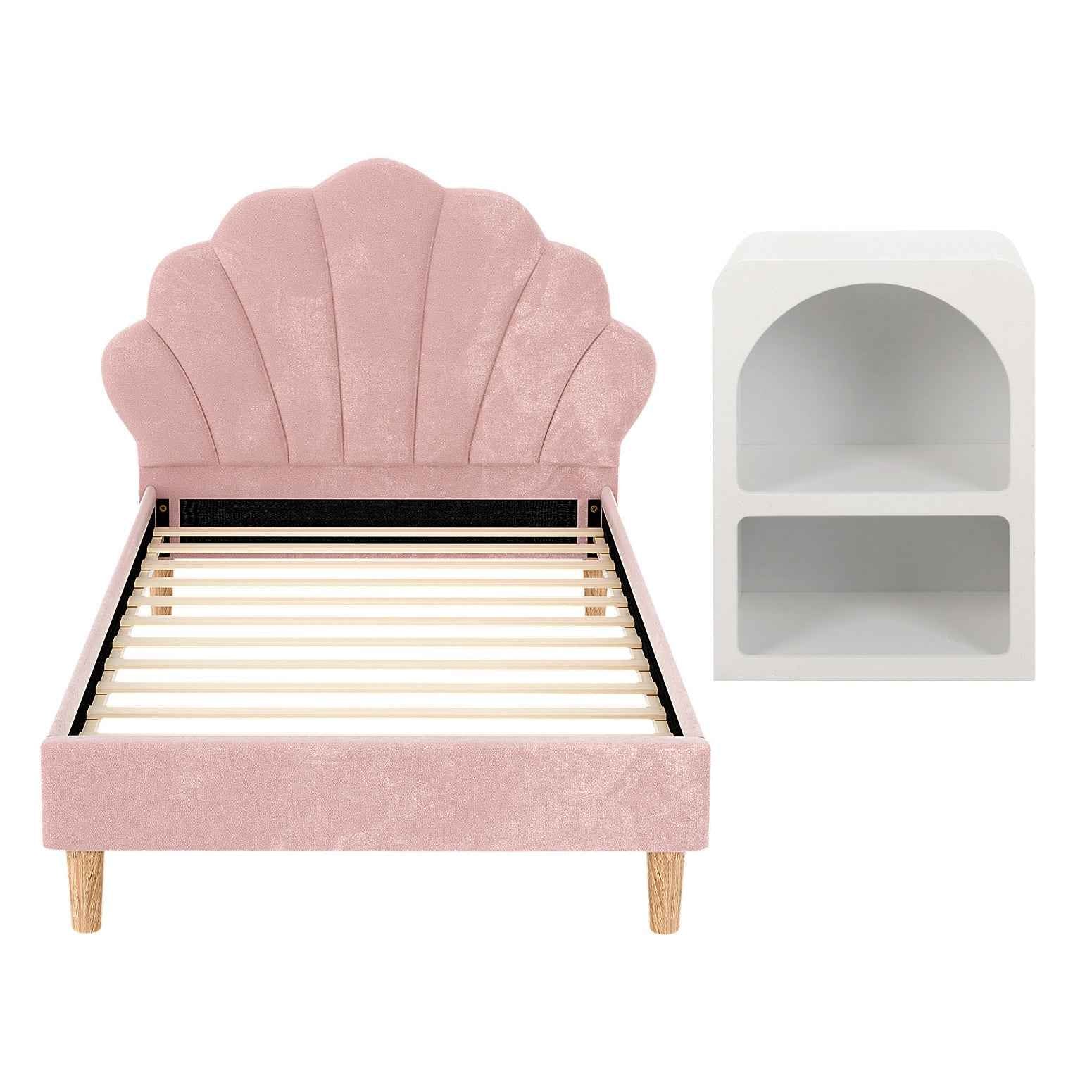 Artiss Bed Frame King Single with Bedside Table Set Scallop Headboard Pink Velvet Fabric Beds Base