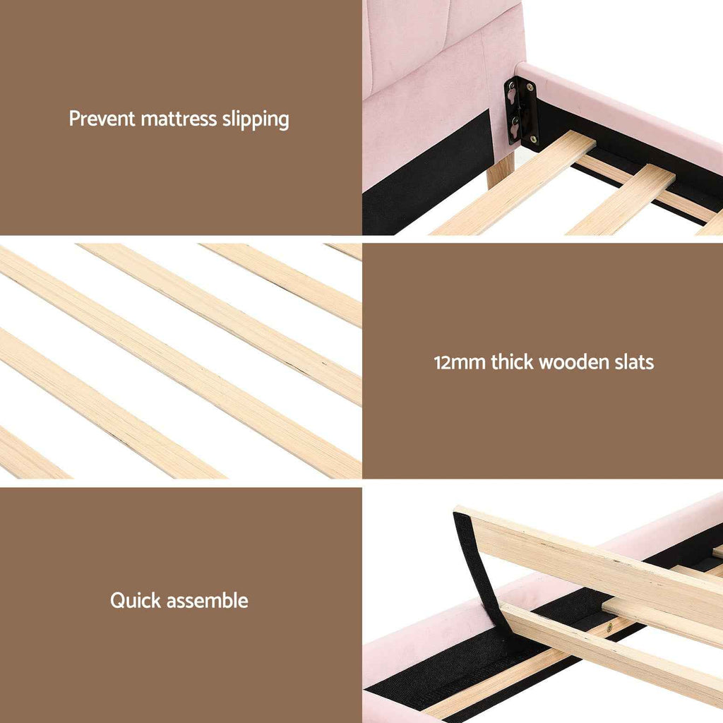 Artiss Bed Frame King Single with Bedside Table Set Scallop Headboard Pink Velvet Fabric Beds Base