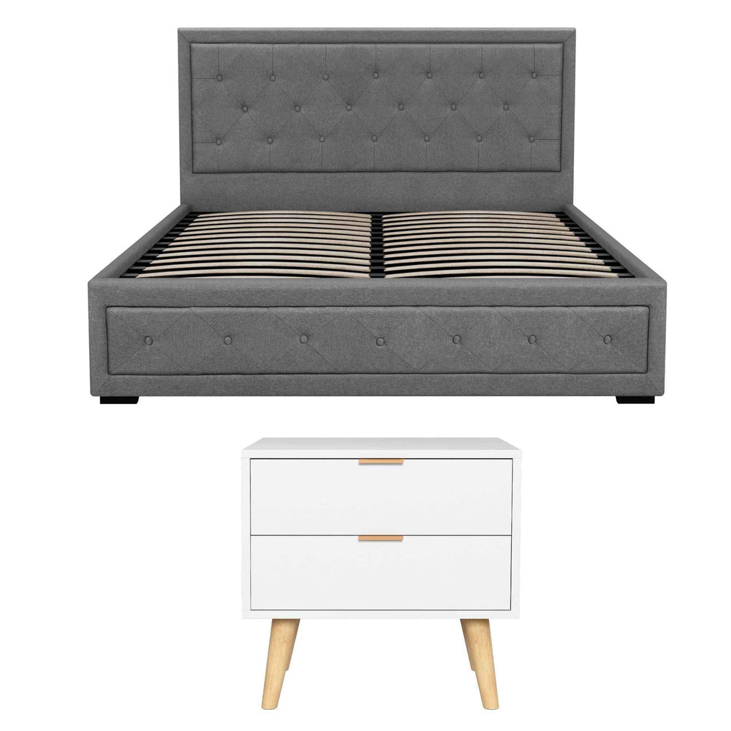Artiss Upholstered Queen Gas Lift Storage Bed Frame with 2-Drawer Bedside Table Set