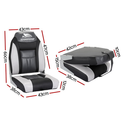 Seamanship 2X Folding Boat Seats Marine Seat Swivel High Back 12cm Padding Black