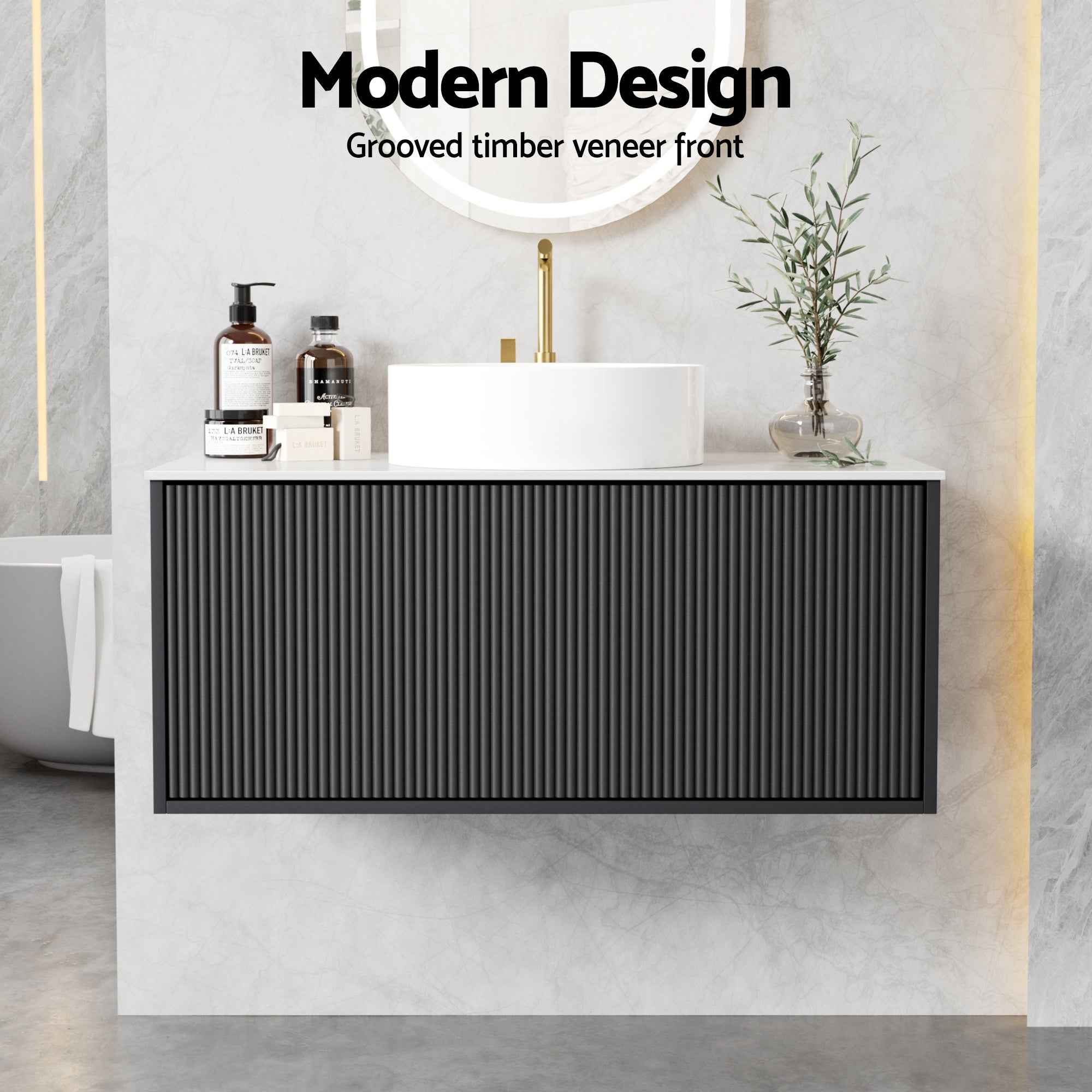Cefito Vanity Unit 900mm Bathroom Cabinet Storage Wall Hung Grooved Timber Black