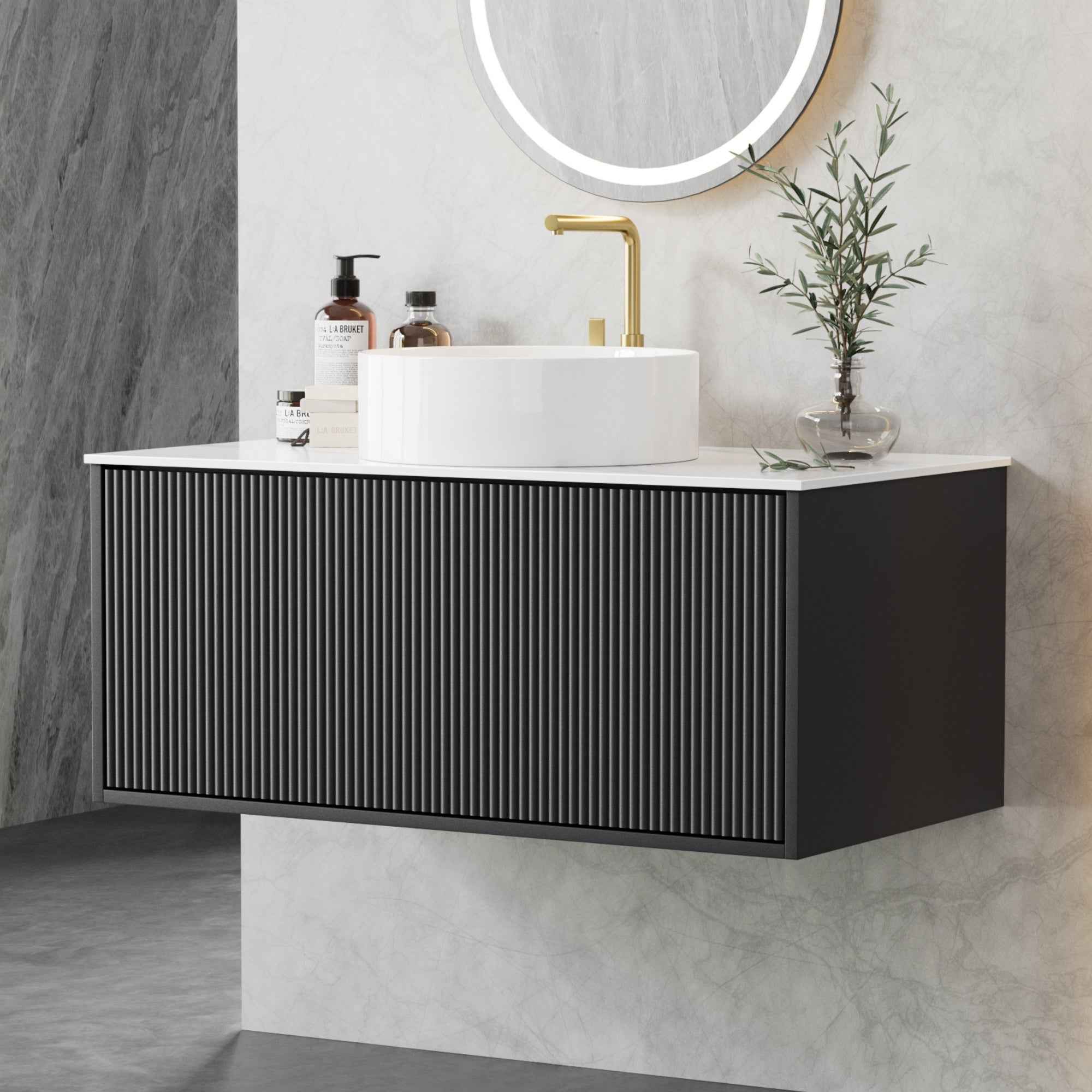 Cefito Vanity Unit 900mm Bathroom Cabinet Storage Wall Hung Grooved Timber Black