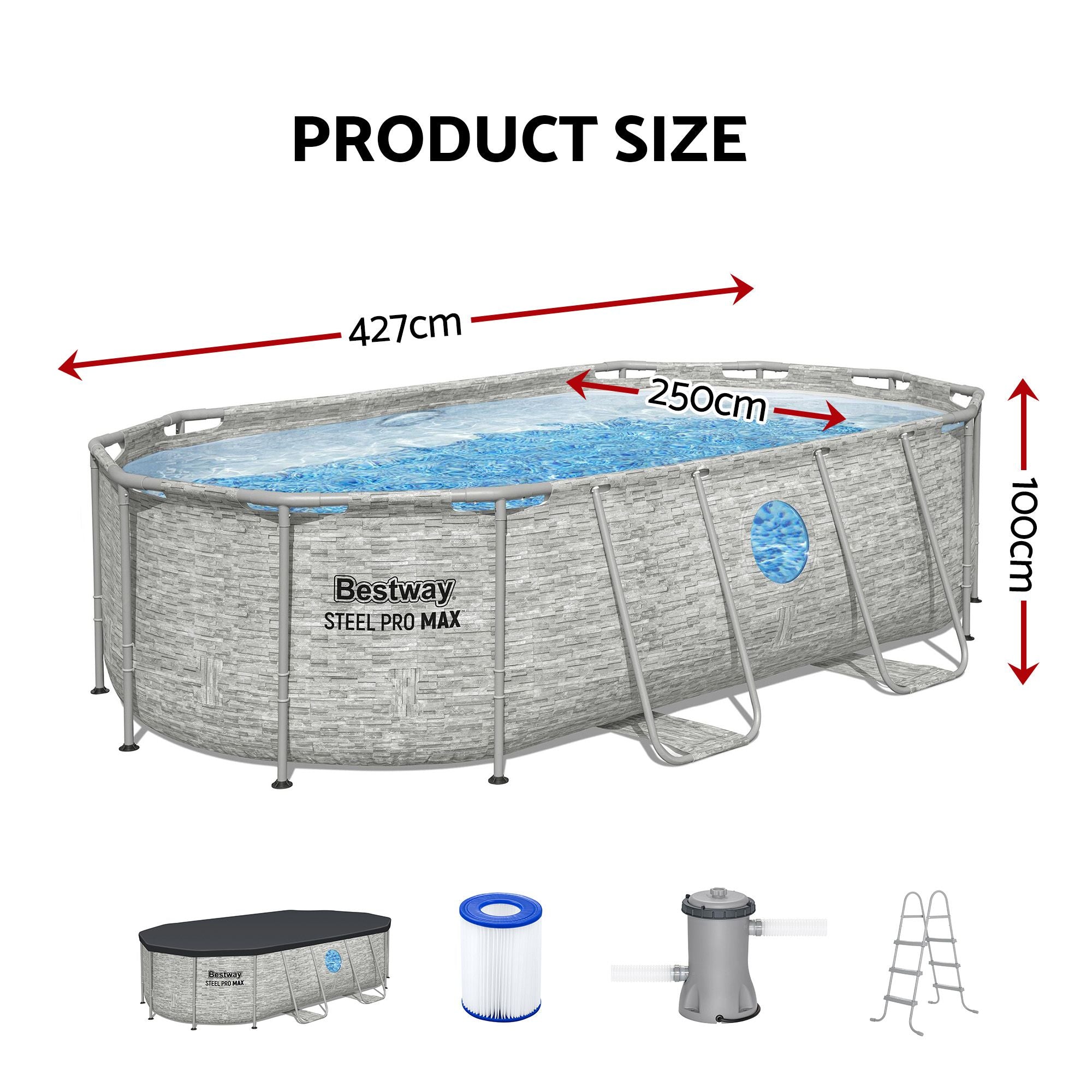 Bestway Swimming Pool 427x250x100cm Steel Frame Above Ground Pools Filter Pump Ladder 7250L