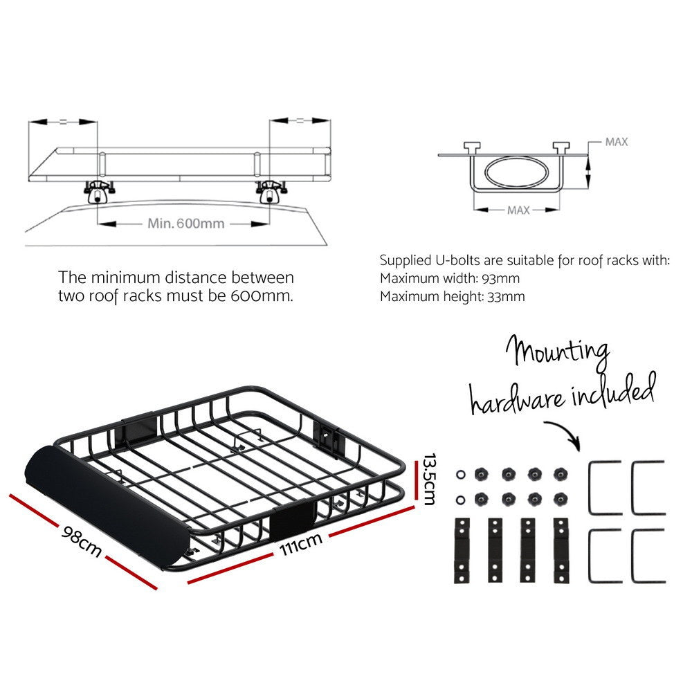 Giantz Universal Car Roof Rack Basket Luggage Vehicle Cargo Carrier 111cm Black - YDS.com.au