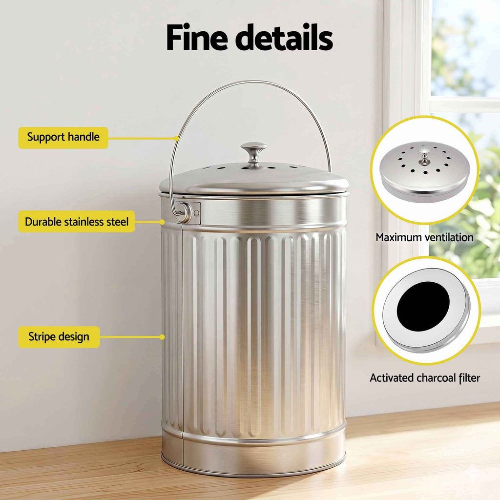 Gardeon Compost Bin Kitchen Countertop Food Waste Caddy 6L Silver