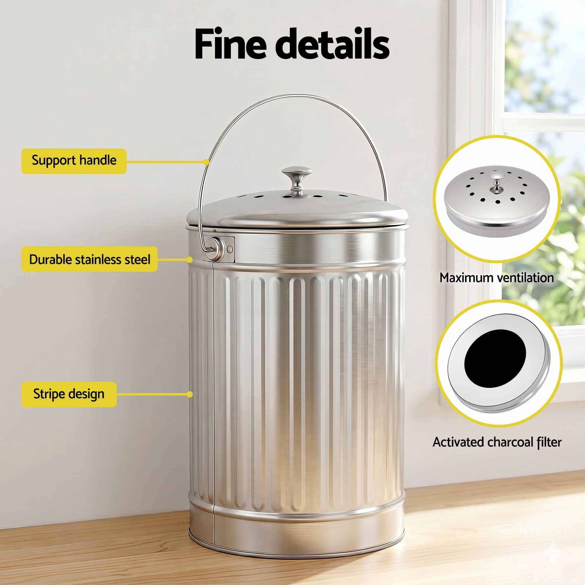 Gardeon Compost Bin Kitchen Countertop Food Waste Caddy 6L Silver