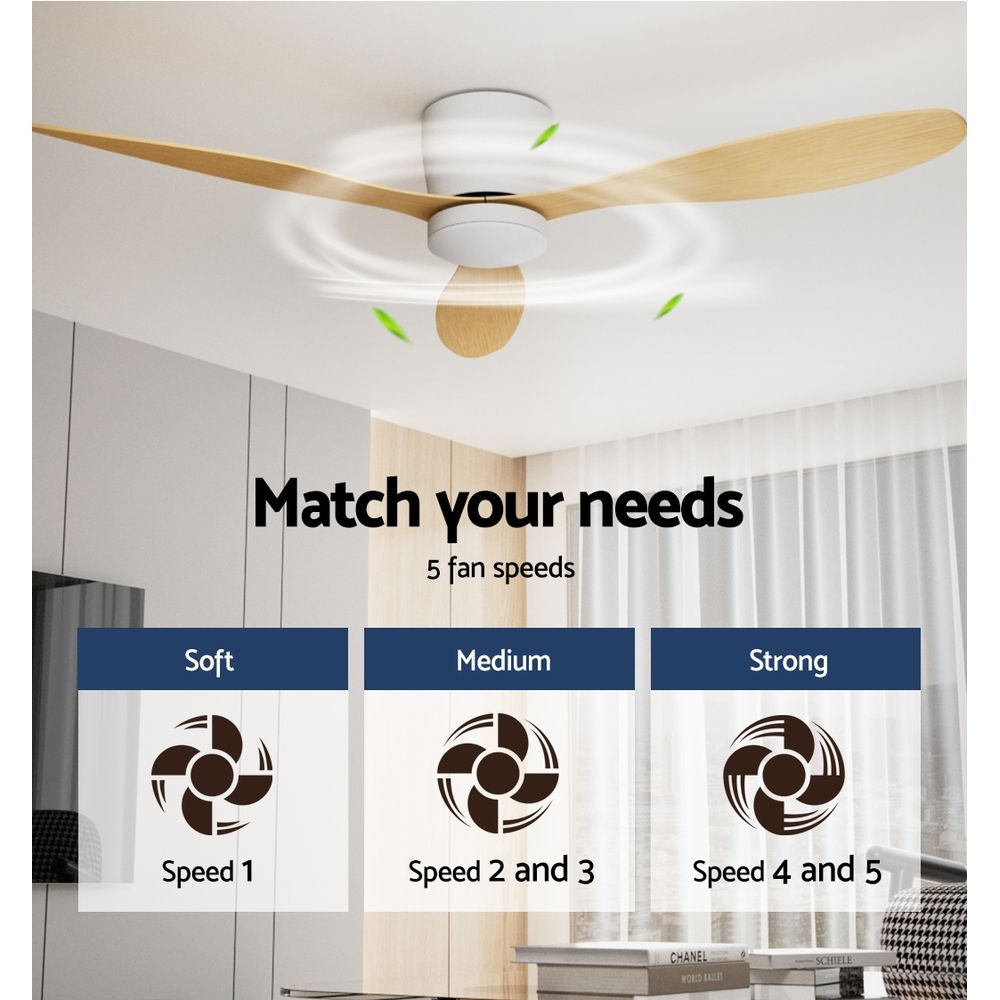 Ventilador de techo Devanti de 52'' con motor de CC, luz y control remoto, madera clara