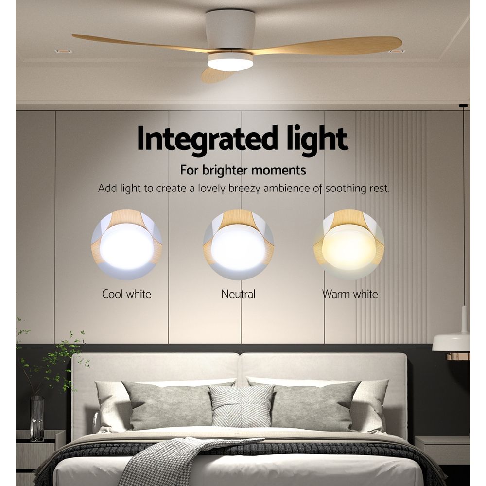Ventilador de techo Devanti de 52'' con motor de CC, luz y control remoto, madera clara