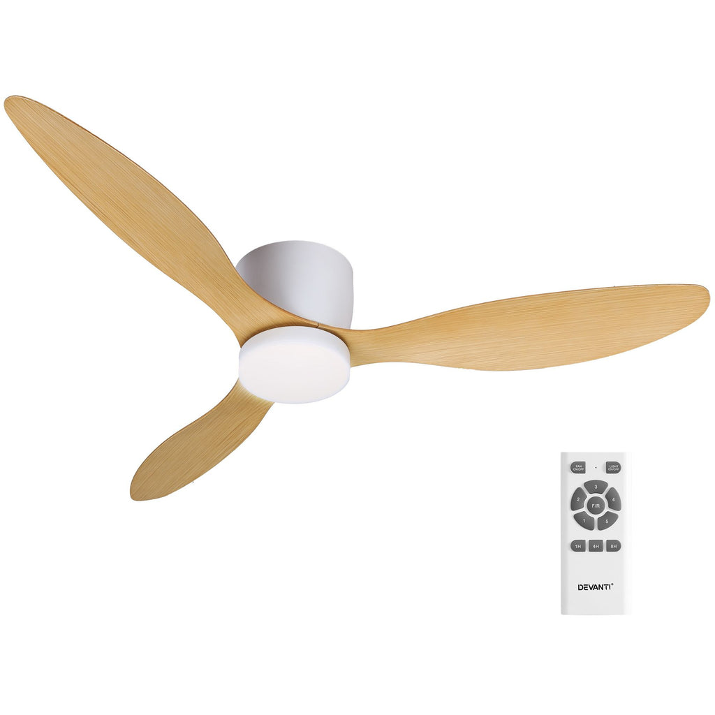 Ventilador de techo Devanti de 52'' con motor de CC, luz y control remoto, madera clara