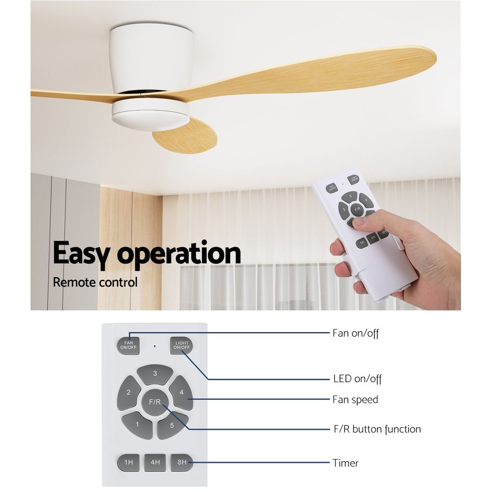 Ventilador de techo Devanti de 52'' con motor de CC, luz y control remoto, madera clara