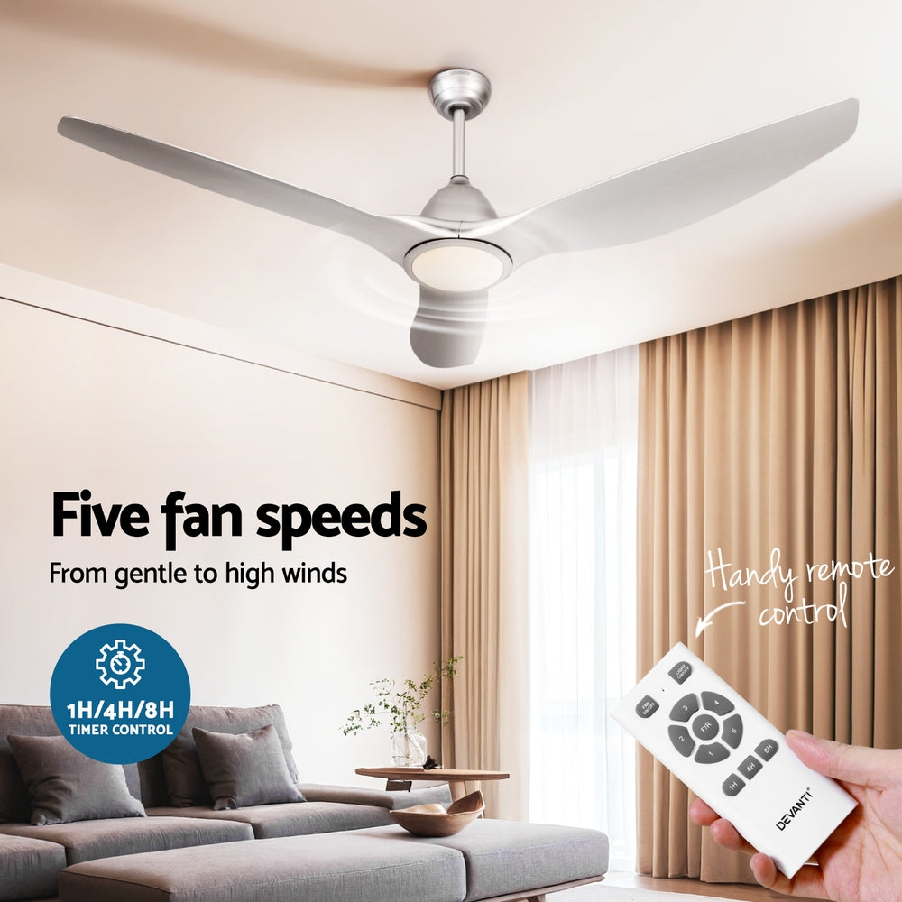 Devanti 64 Inch Ceiling Fan DC Motor w/Light w/Remote - Silver - YDS.com.au