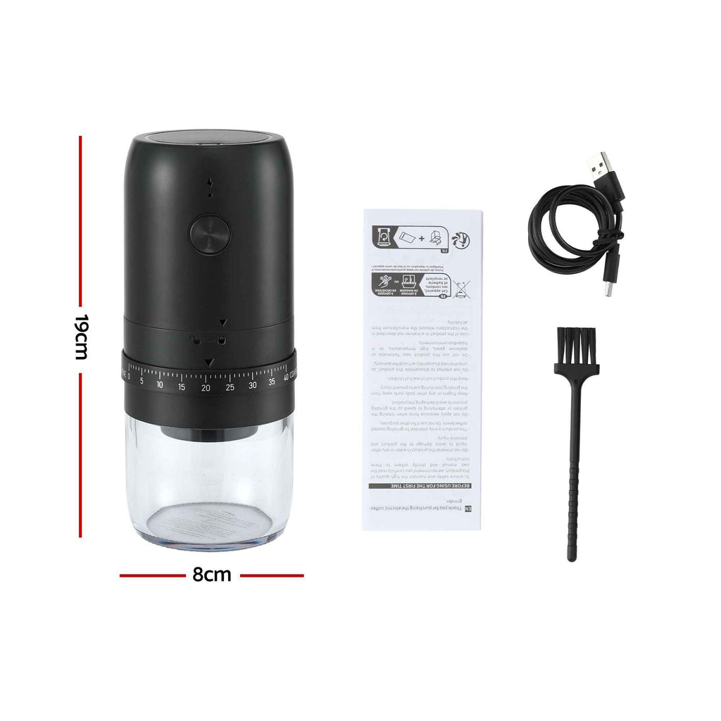 Devanti Electric Coffee Grinder USB-C Rechargeable Portable Coffee Bean Grinder with 40 Precise Grind Settings | Automatic Spice Nut Pepper Grinder Mill with Cleaning Brush & Ground Coffee Container for Home Office Camping Travel, Black