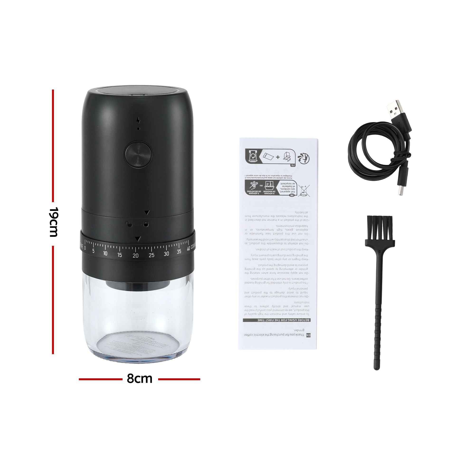 Devanti Electric Coffee Grinder USB-C Rechargeable Portable Coffee Bean Grinder with 40 Precise Grind Settings | Automatic Spice Nut Pepper Grinder Mill with Cleaning Brush & Ground Coffee Container for Home Office Camping Travel, Black
