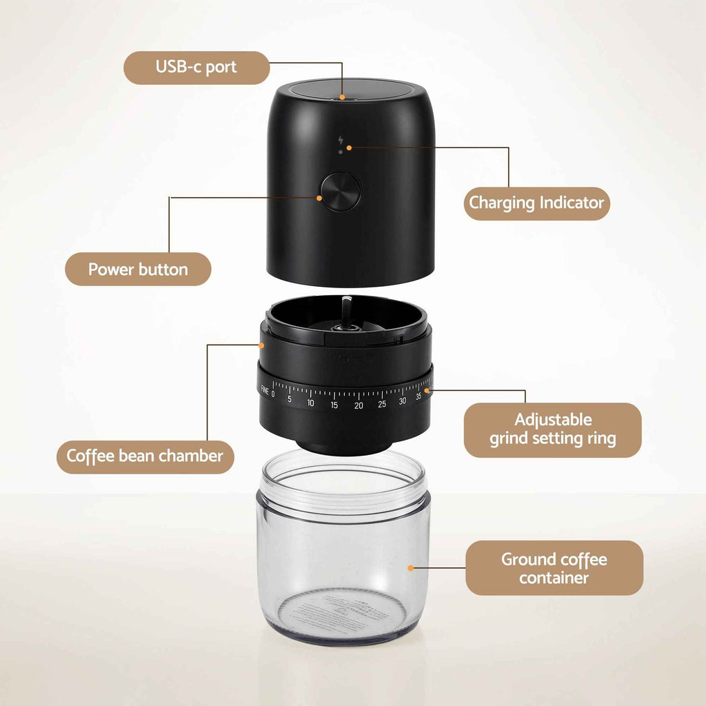 Devanti Electric Coffee Grinder USB-C Rechargeable Portable Coffee Bean Grinder with 40 Precise Grind Settings | Automatic Spice Nut Pepper Grinder Mill with Cleaning Brush & Ground Coffee Container for Home Office Camping Travel, Black