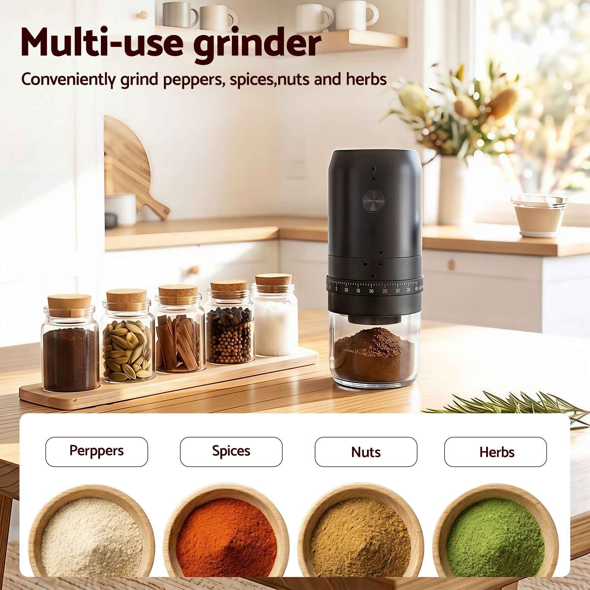 Devanti Electric Coffee Grinder USB-C Rechargeable Portable Coffee Bean Grinder with 40 Precise Grind Settings | Automatic Spice Nut Pepper Grinder Mill with Cleaning Brush & Ground Coffee Container for Home Office Camping Travel, Black