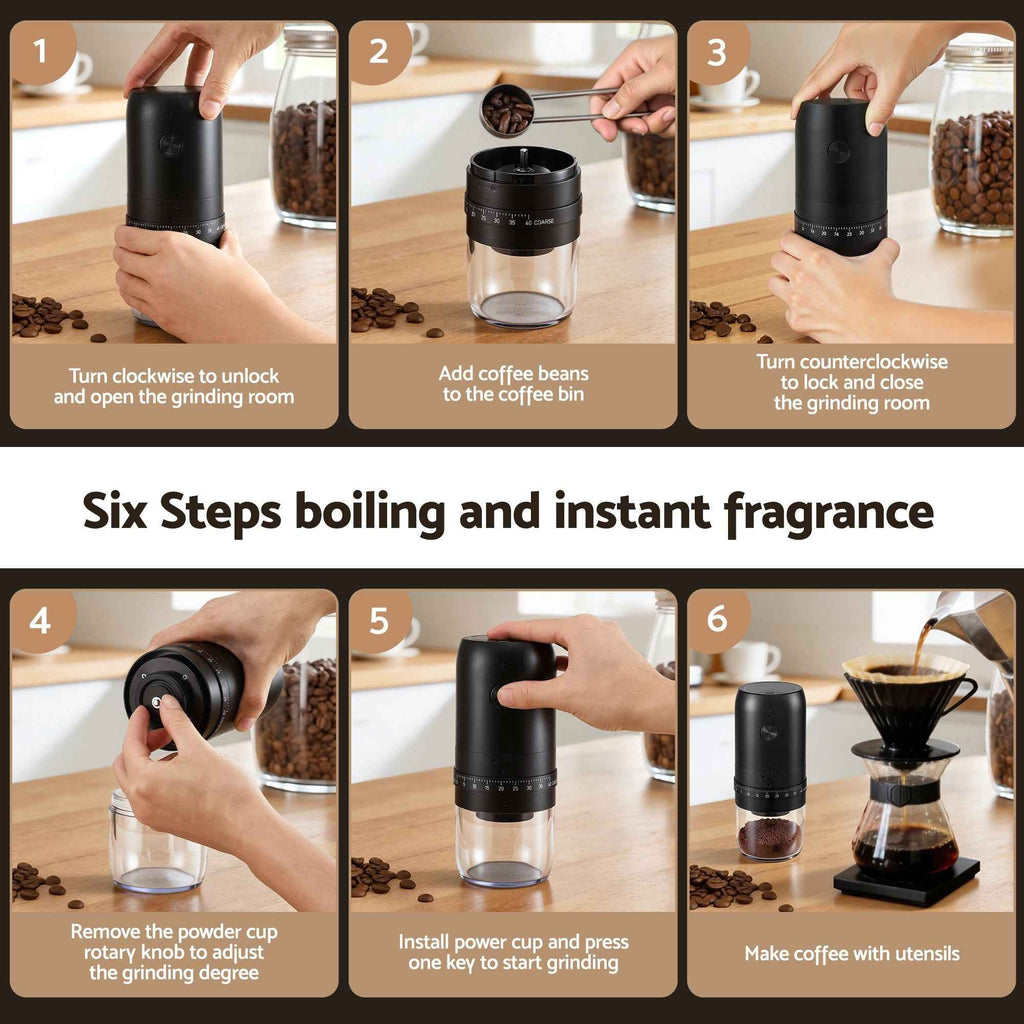 Devanti Electric Coffee Grinder USB-C Rechargeable Portable Coffee Bean Grinder with 40 Precise Grind Settings | Automatic Spice Nut Pepper Grinder Mill with Cleaning Brush & Ground Coffee Container for Home Office Camping Travel, Black