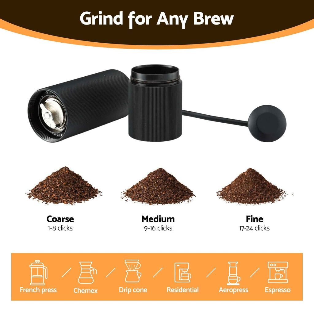 Devanti Manual Coffee Grinder with 24 Adjustable Settings | Hand Coffee Bean Burr Mill for Espresso French Press | Portable Stainless Steel Quiet Grinder with Storage Bag for Travel Camping, Black