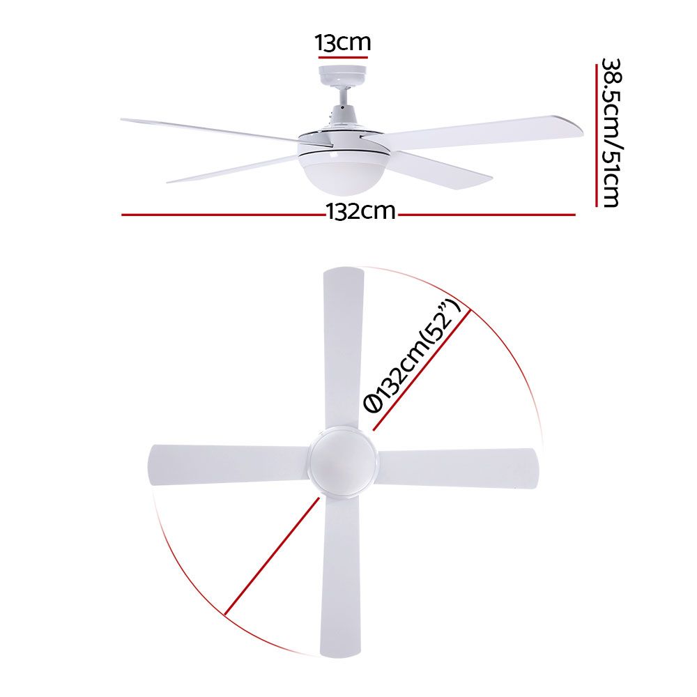 Ventilador de techo Devanti de 52'' con motor de CA, luz y control remoto, color blanco
