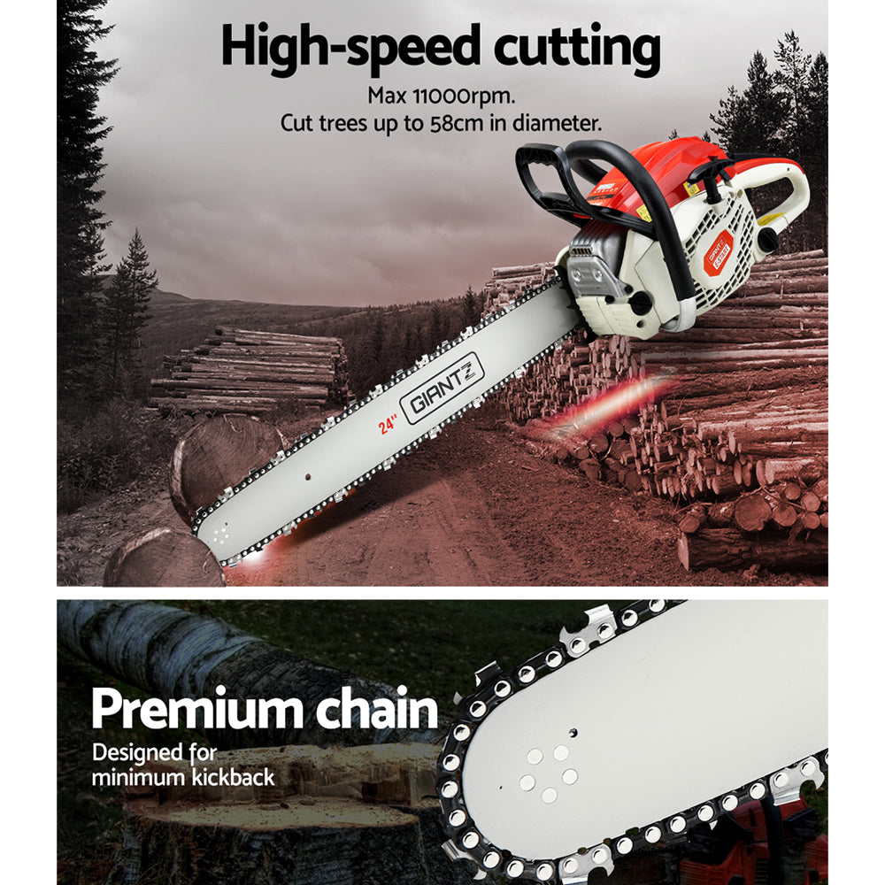 Giantz 65cc Petrol Chainsaw 24 Inch Bar Chain Saw Tree Pruner 2 Stroke E-Start