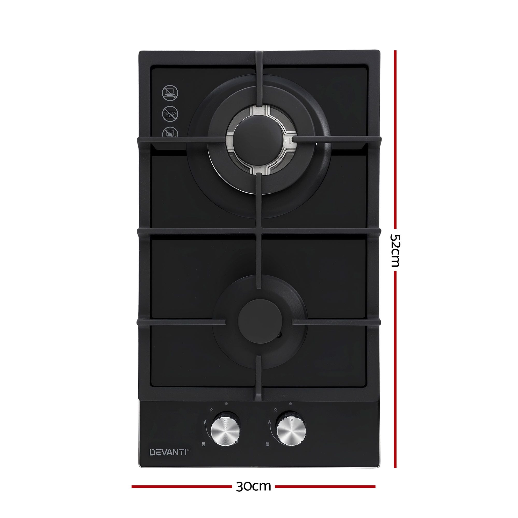 Devanti Gas Cooktop 30cm 2 Burner Built-in Stove Glass Cook Top NG LPG Wok Burner