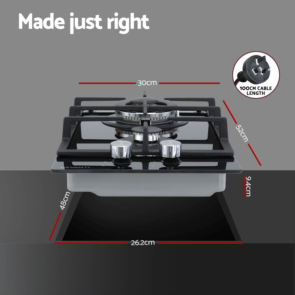 Devanti Gas Cooktop 30cm 2 Burner Built-in Stove Glass Cook Top NG LPG Wok Burner