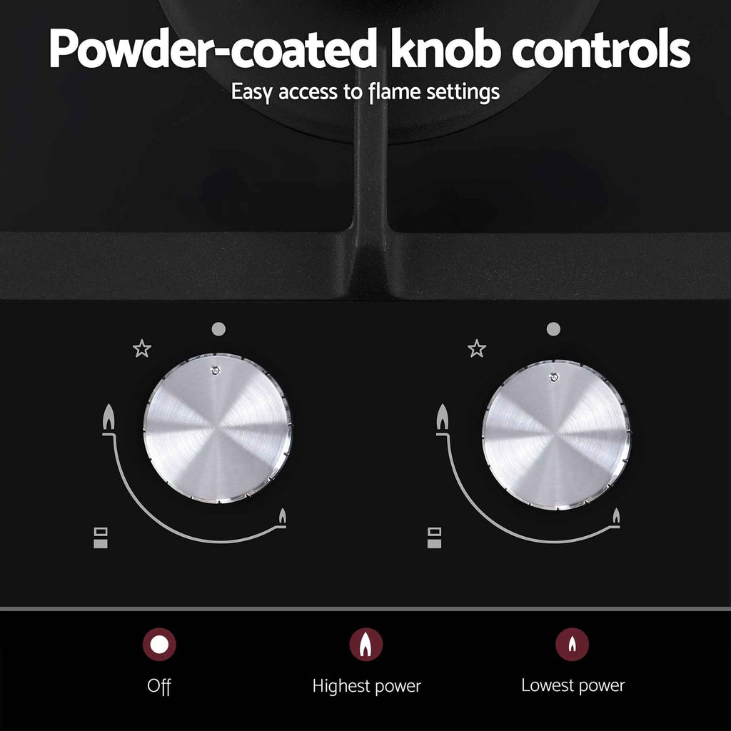 Devanti Gas Cooktop 30cm 2 Burner Built-in Stove Glass Cook Top NG LPG Wok Burner