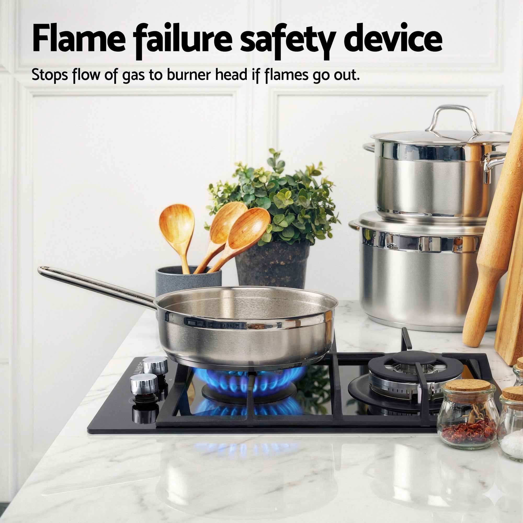 Devanti Gas Cooktop 30cm 2 Burner Built-in Stove Glass Cook Top NG LPG Wok Burner