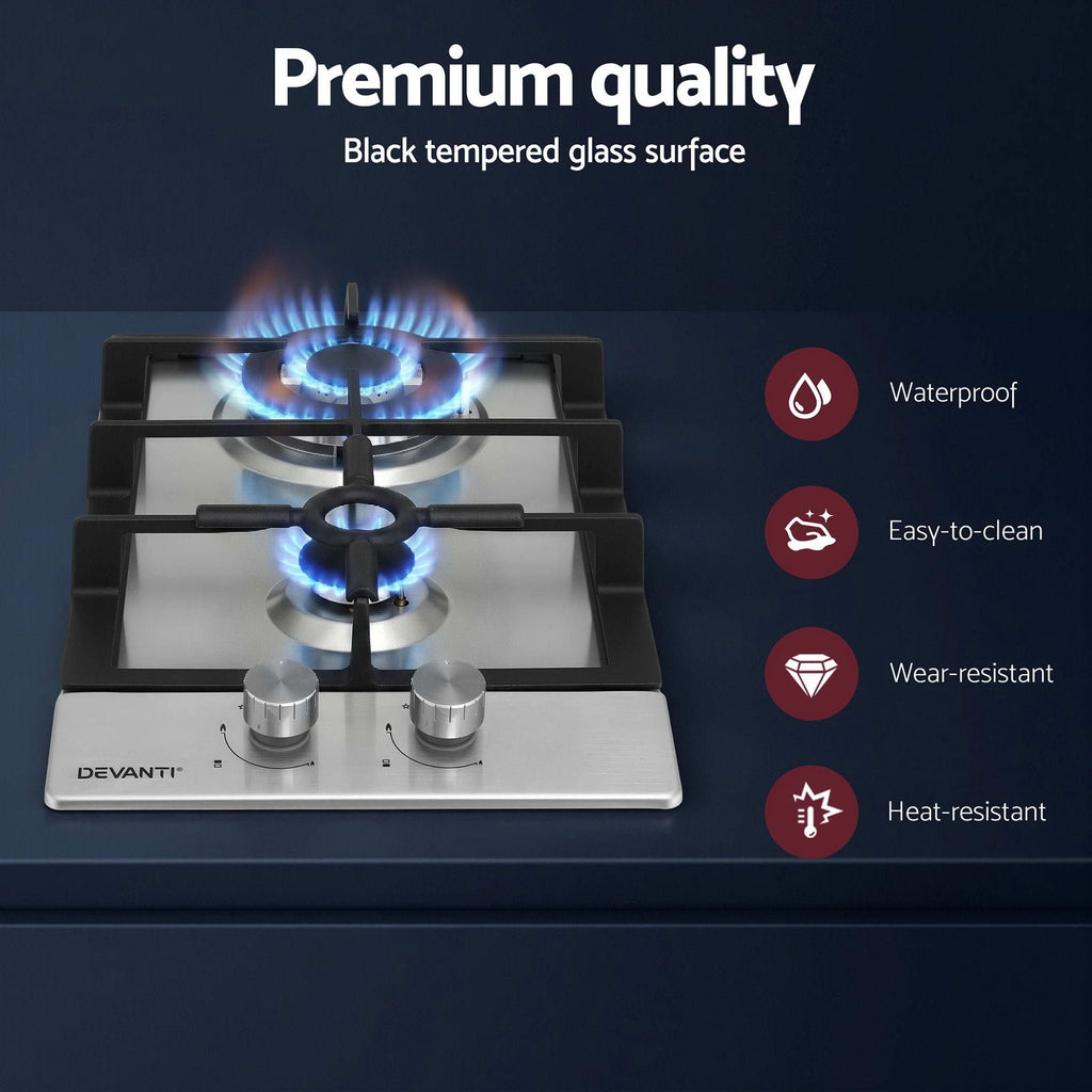 Devanti Gas Cooktop 30cm 2 Burner Silver