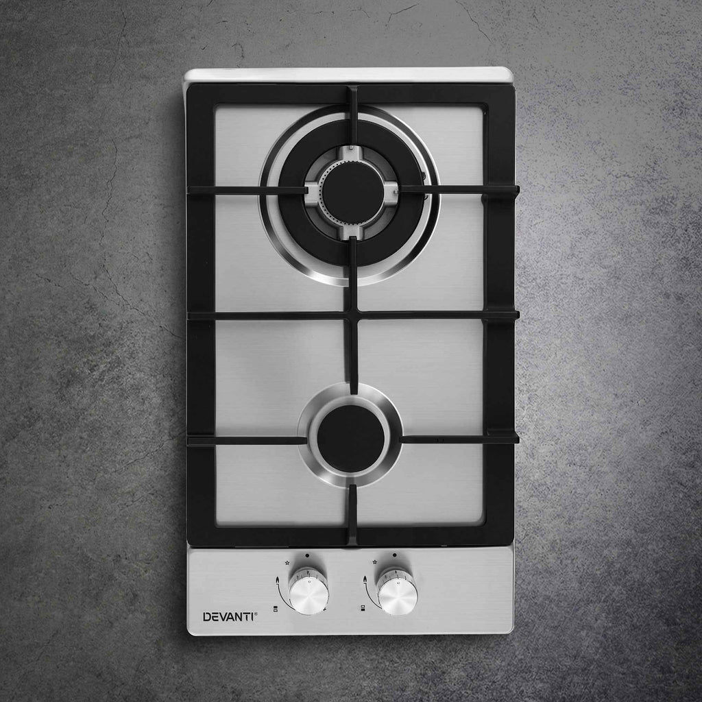 Devanti Gas Cooktop 30cm 2 Burner Silver